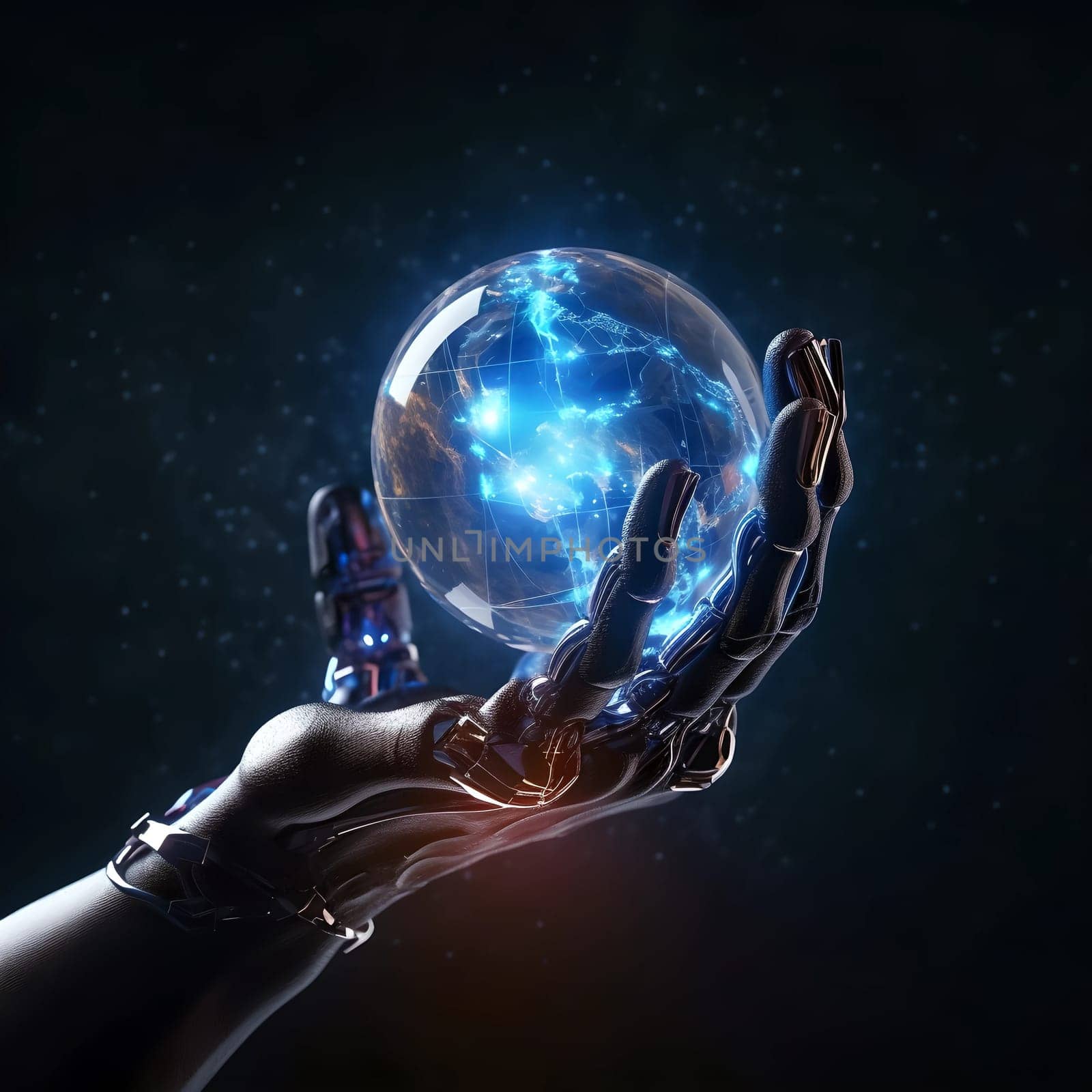 A robot arm holds a glass ball with artificial intelligence inside. Dark background