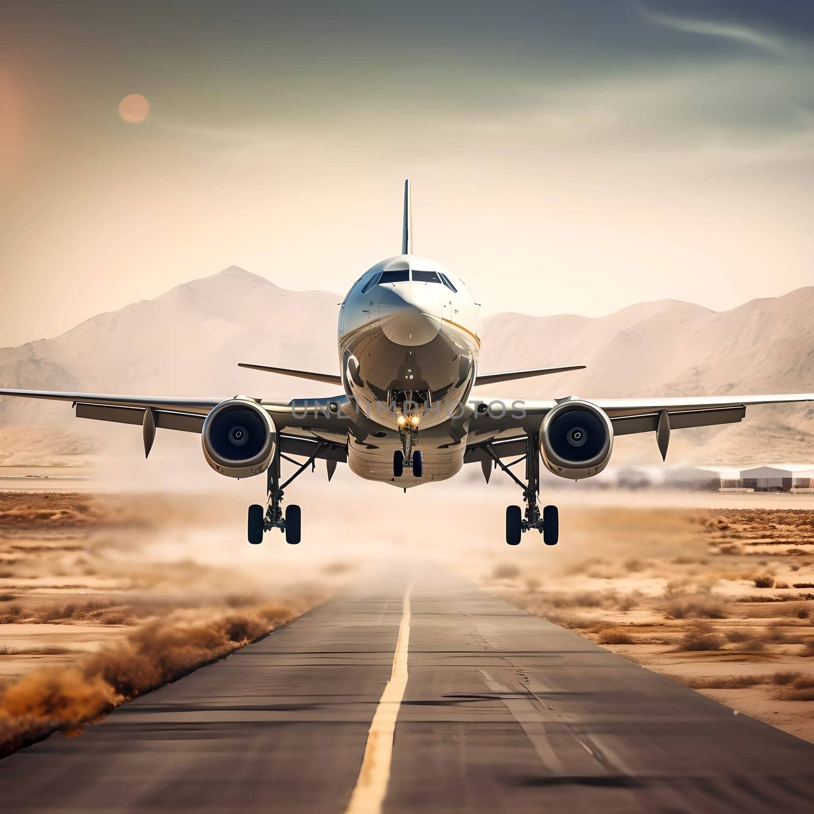 Front view of a passenger plane landing on the runway