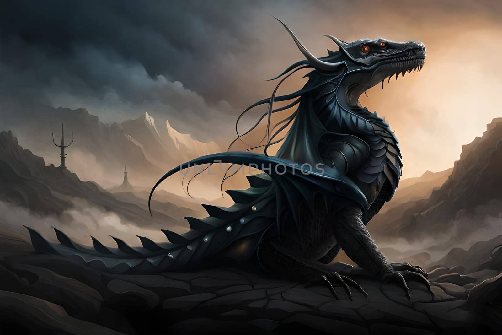 Fantasy evil dragon portrait. Surreal artwork of danger dragon from medieval mythology by milastokerpro