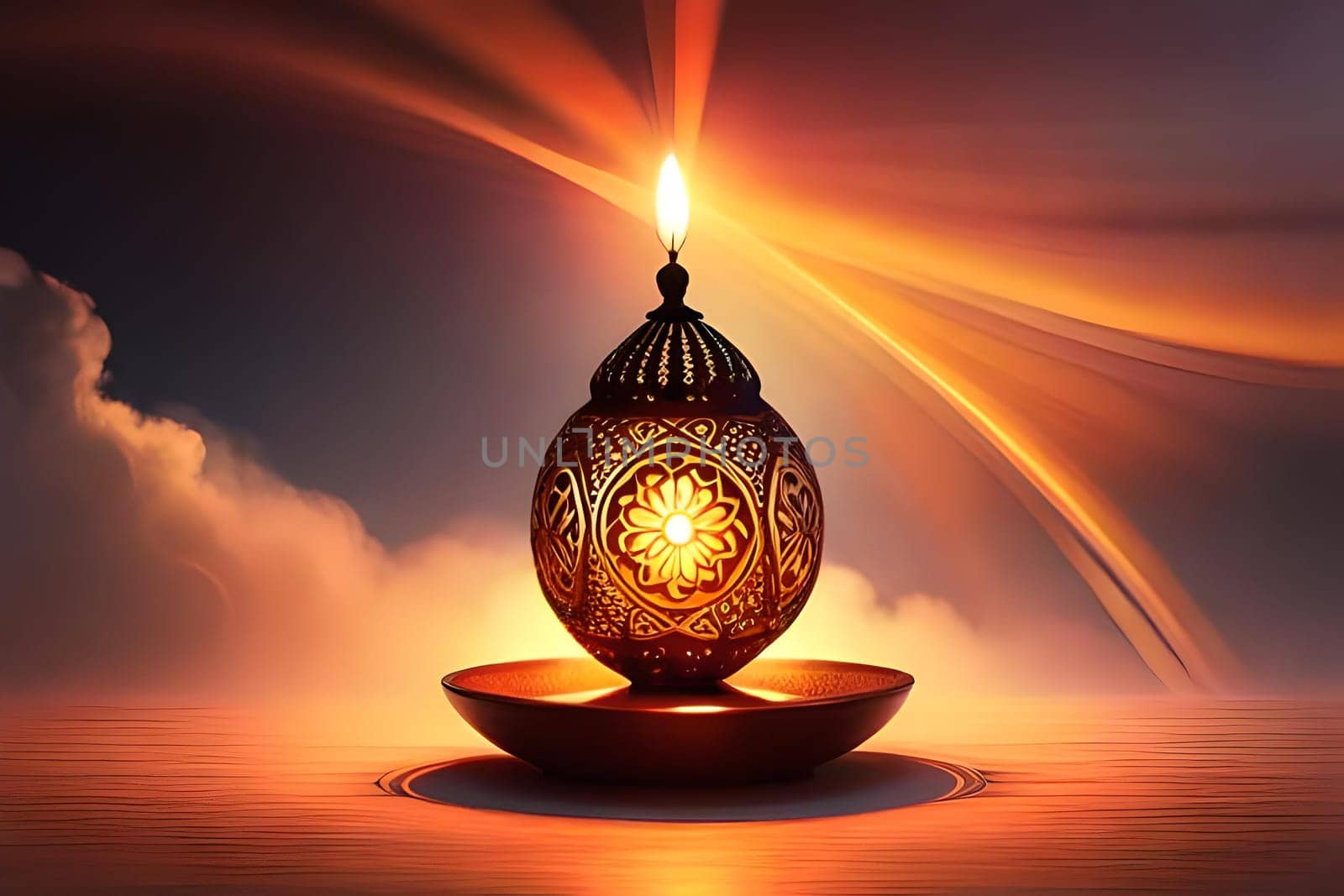 3D rendering indian lamp for diwali celebration on soft background ethereal. Colorful particle effects in the background. Gold filigree on a indian lamp. AI-generated Digital Art