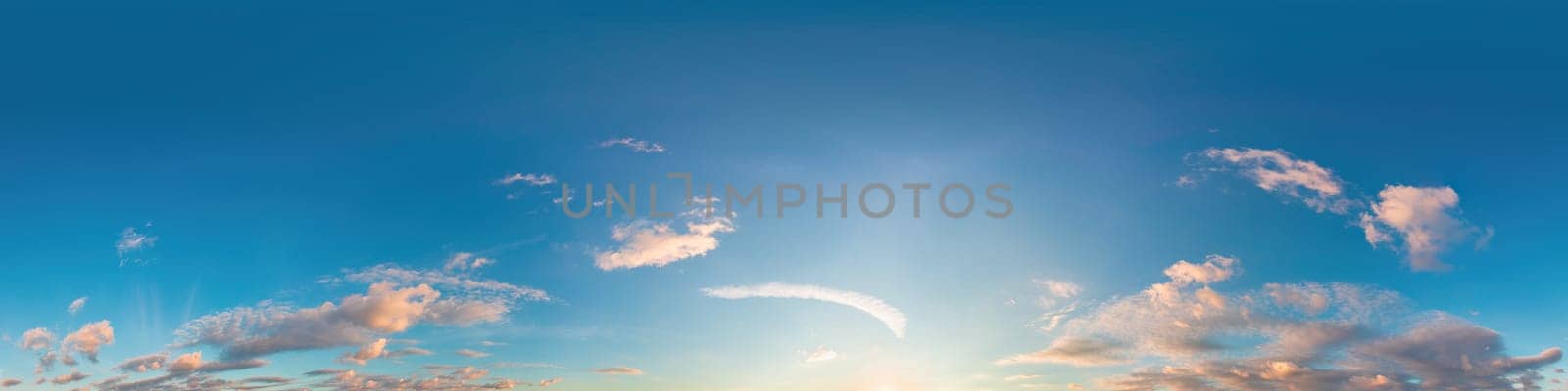 Dark blue sunset sky panorama with pink Cumulus clouds. Seamless hdr 360 panorama in spherical equirectangular format. Full zenith for 3D visualization, sky replacement for aerial drone panoramas. by panophotograph