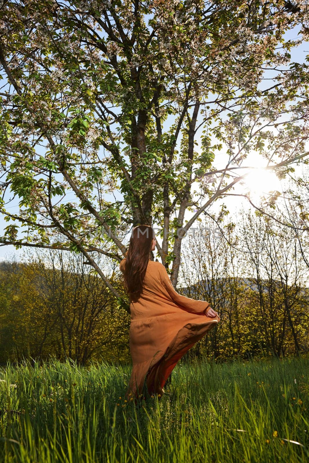 a slender, attractive woman with long red hair is standing in the countryside near a flowering tree in a long orange dress and happily spinning holding the dress. Vertical photography by Vichizh