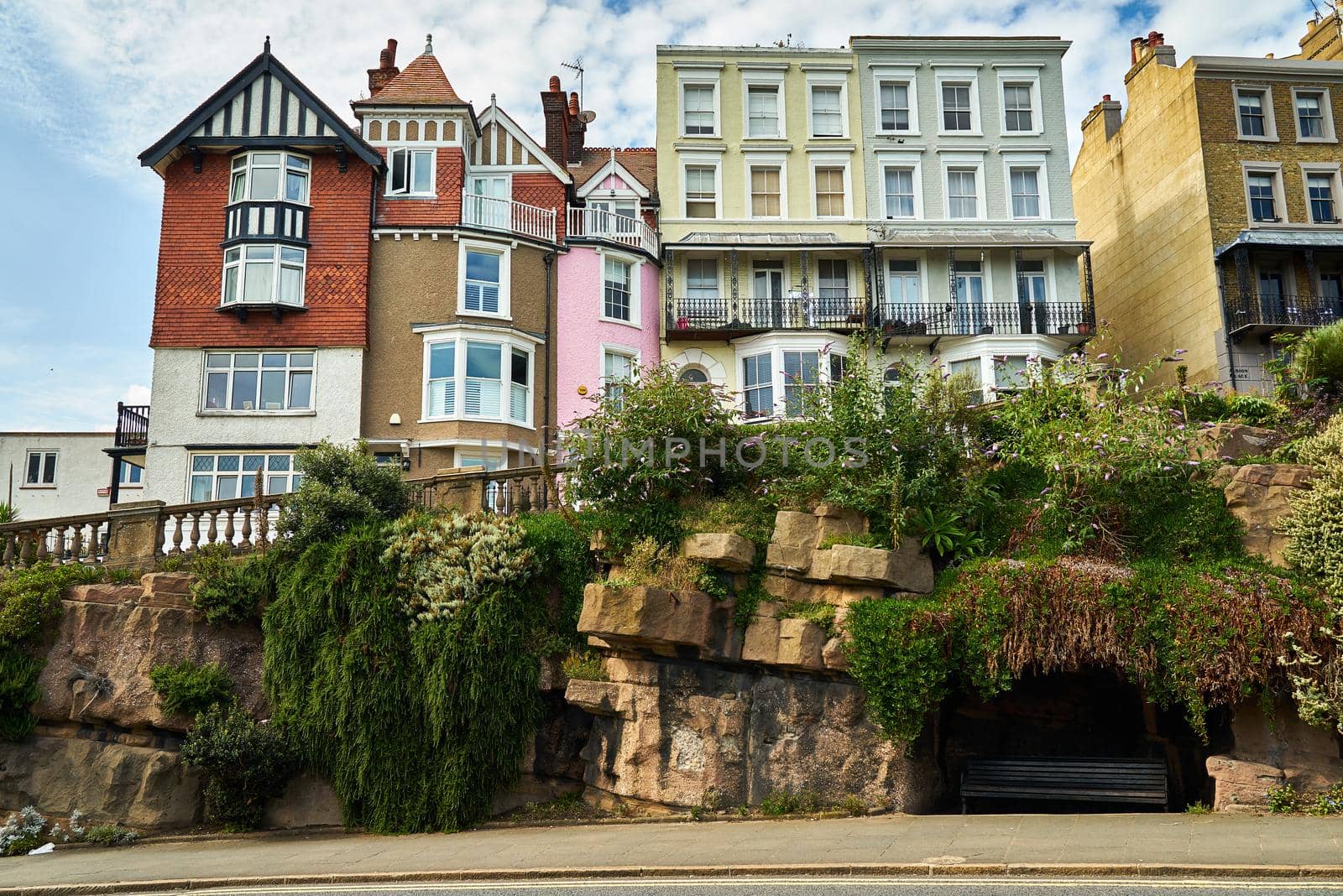 Looking up at houses in Ramsgate, Kent from the winding road Madeira Walk
