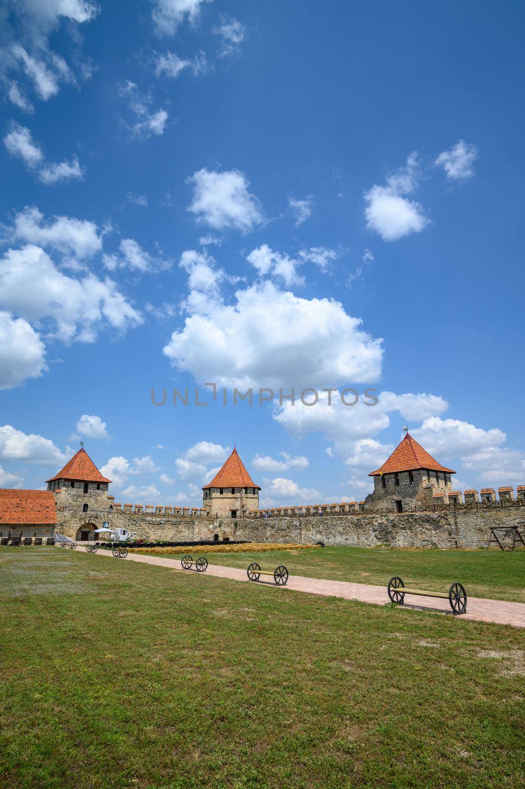 Tighina, Transnistria, Moldova - July 2021: Towers of old medieval Turkish and Russian Bender fortress on the Dniester river