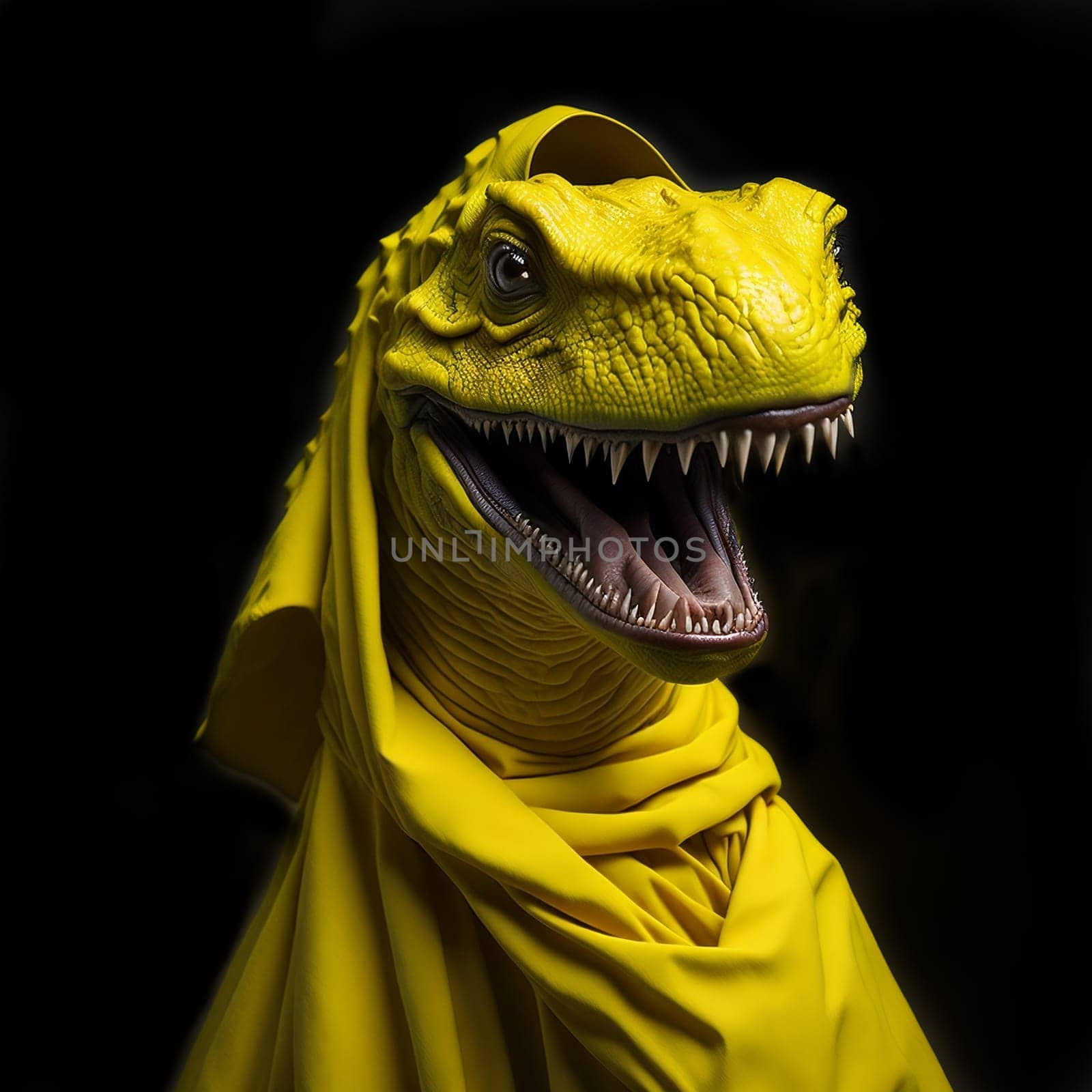 Funny Dinosaur in yellow cloth on black background.Generative ai. by andre_dechapelle