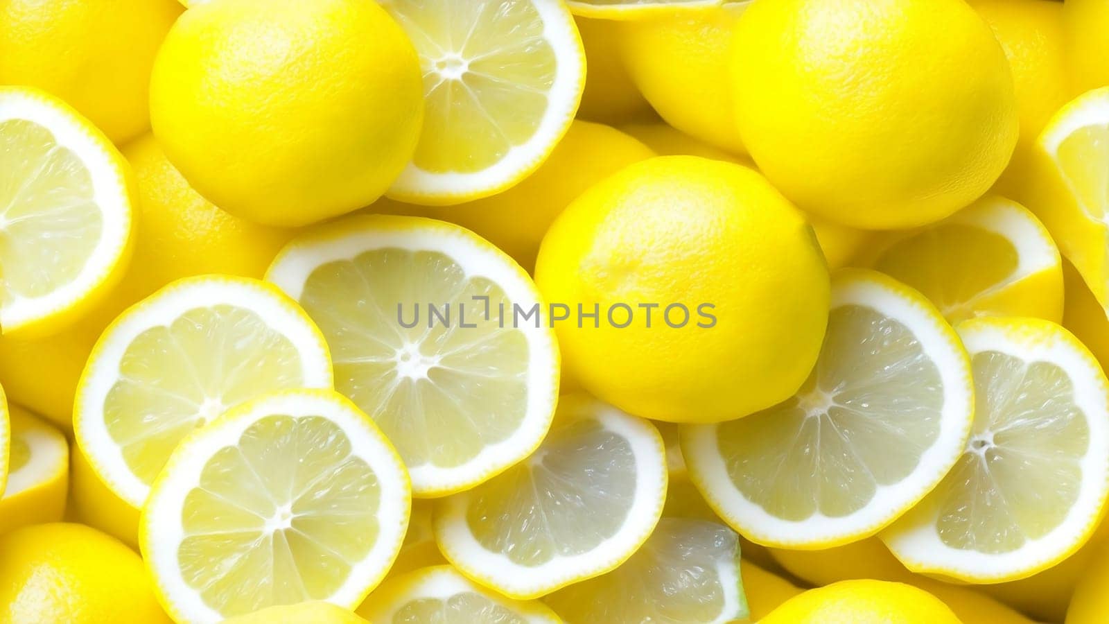Lemon citrus background.Whole lemons and slices .Generative ai.
