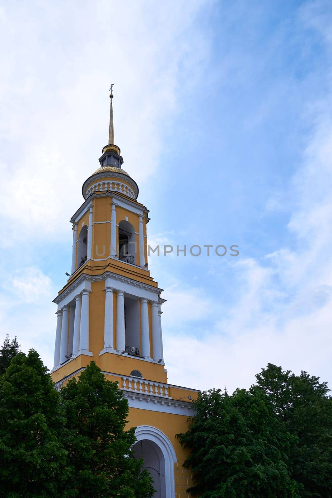 Kolomna, Russia - May 30, 2023: High ancient bell tower in the Kolomna Kremlin against the sky