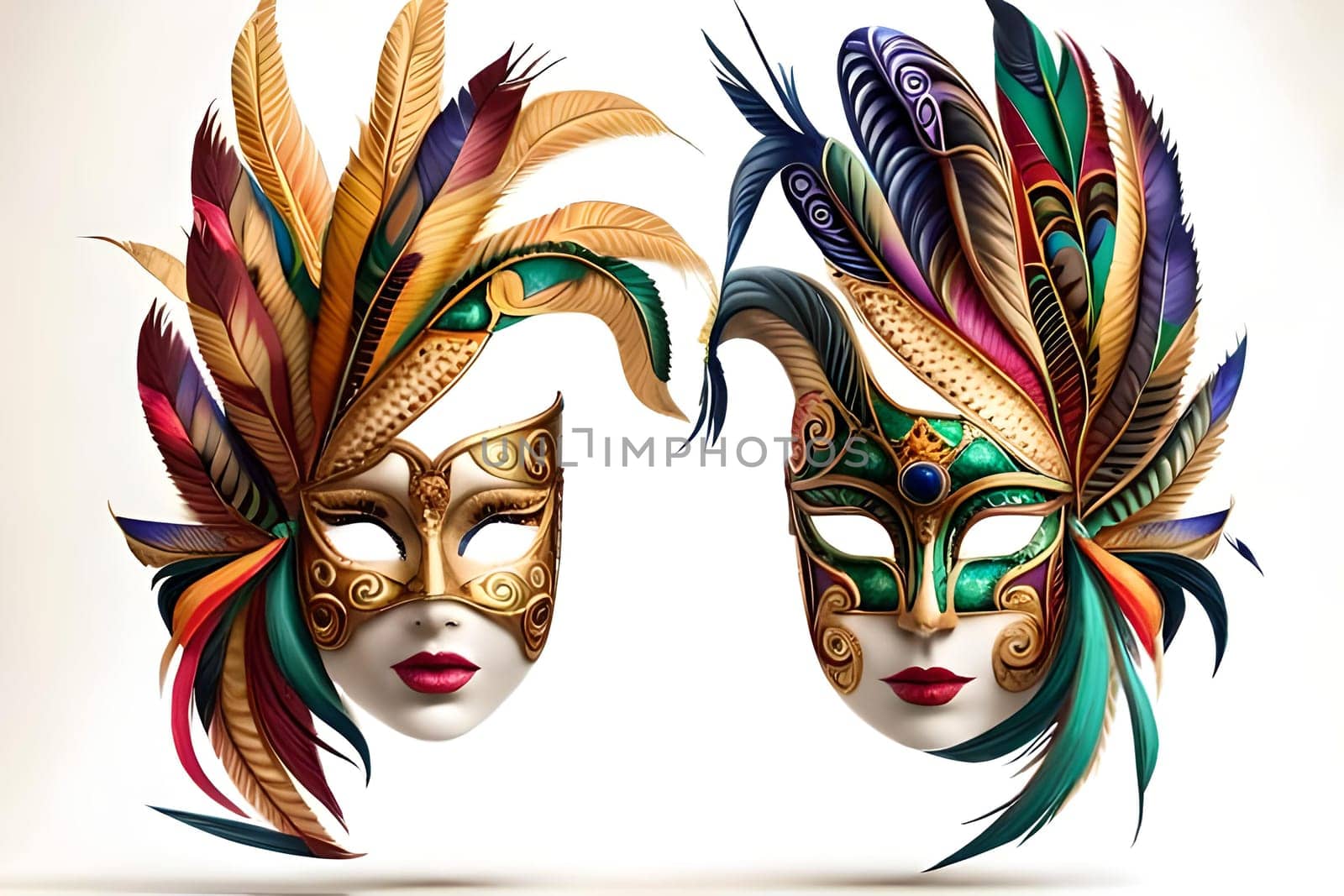 Realistic luxury carnival mask with colorful feathers. Abstract blurred background, gold dust, and light effects. Generative AI.