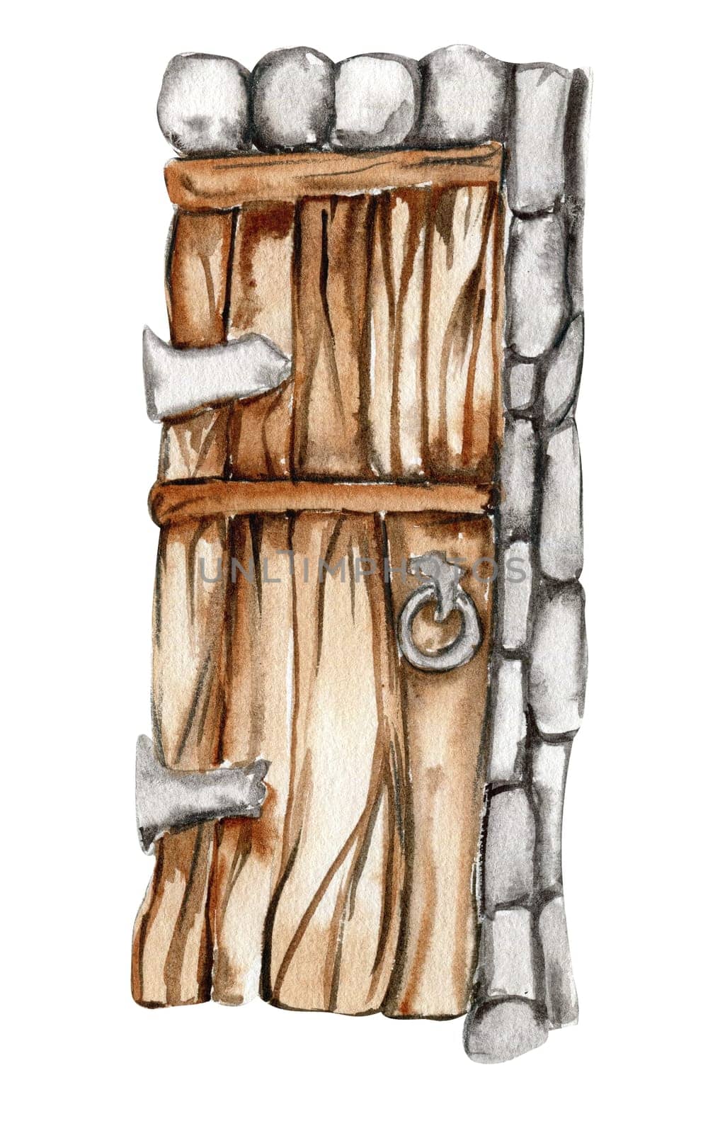 Wooden door for fairy. Hand painted fairy tale illustration for greeting cards, prints, post cards and souvenirs. Illustartion isilated on white background.