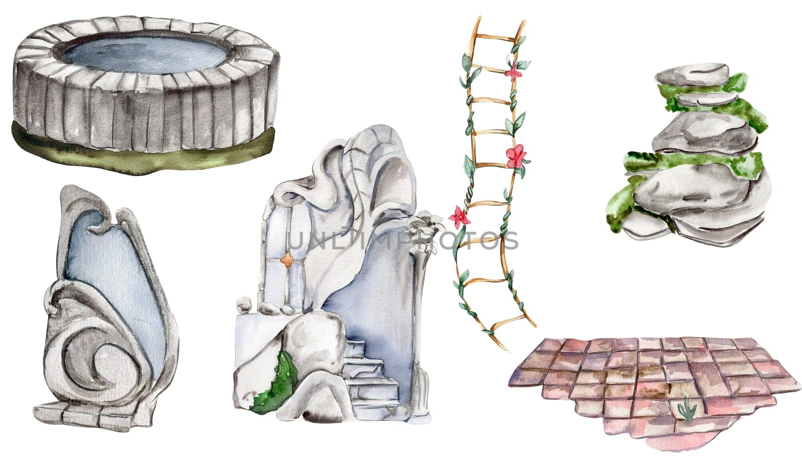 Stone enter with stairs with grass, part of roof, wndow and stone well for fairy. Watercolor hand drawn illustration . Perfect for greeting card, poster, wedding invitation, party decor.