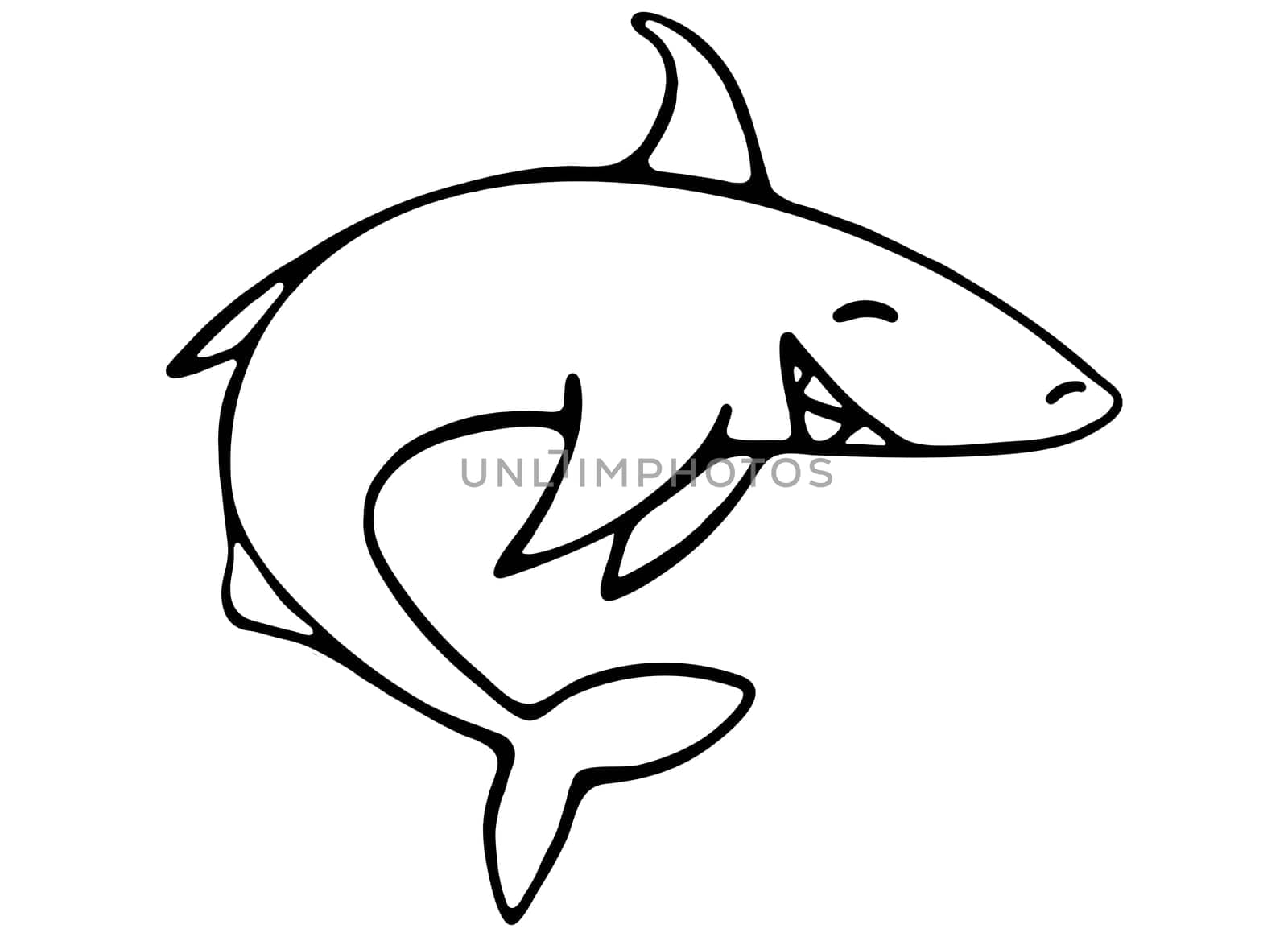 Black and White Shark Illustration Isolated on White Background. Hand Drawn Coloring book with Shark Cartoon Clipart. Coloring Page for Kids.