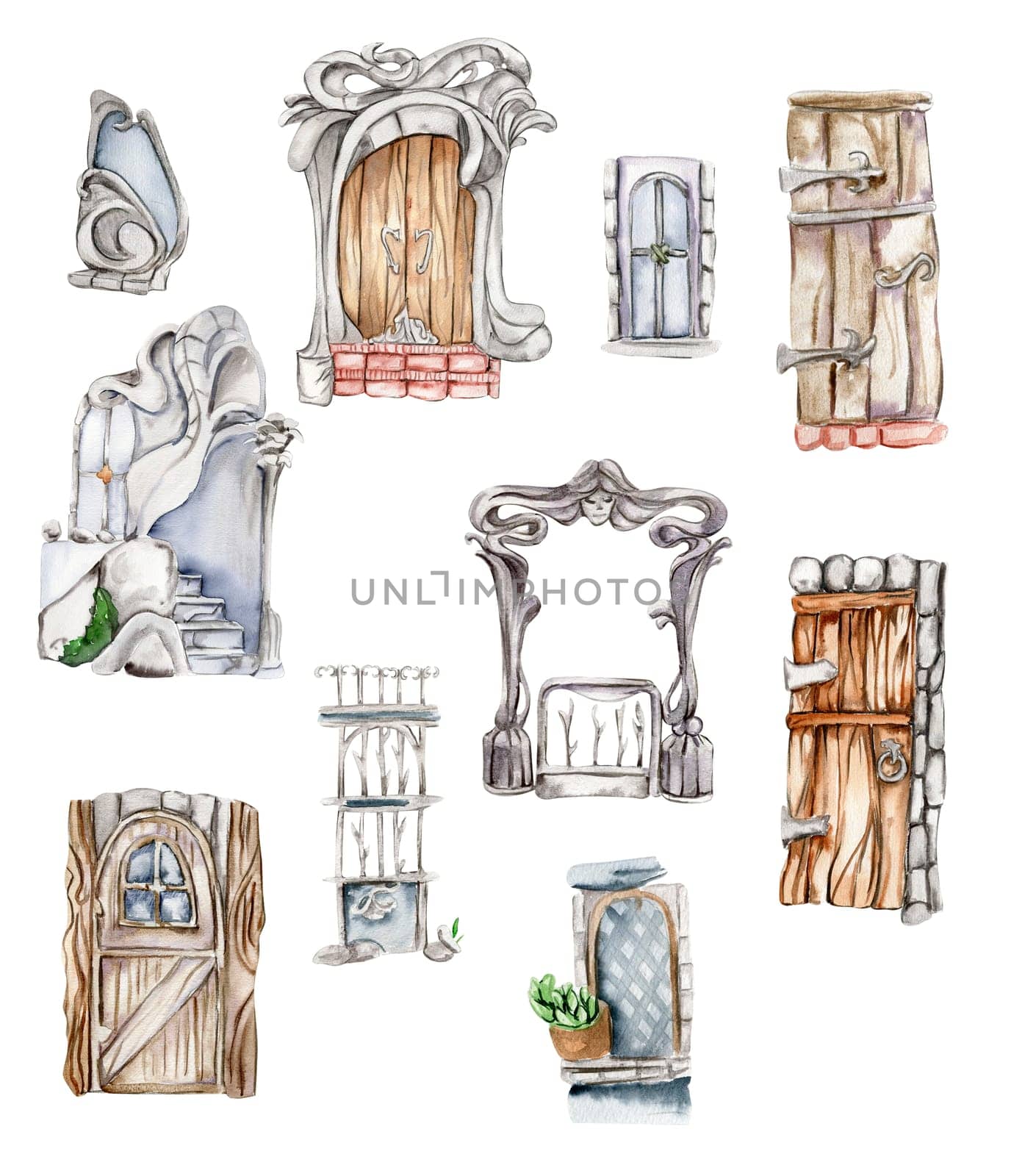 Wooden door, window and iron gate for fairy. Hand painted fairy tale illustration for greeting cards, prints, post cards and souvenirs. Illustartion isilated on white background.