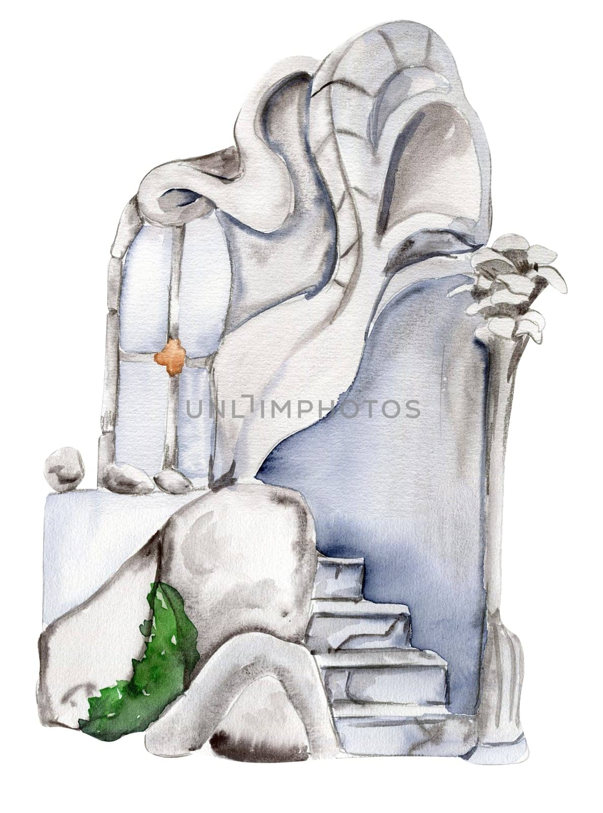 Stone enter with stairs with grass for fairy. Watercolor hand drawn illustration . Perfect for greeting card, poster, wedding invitation, party decor.