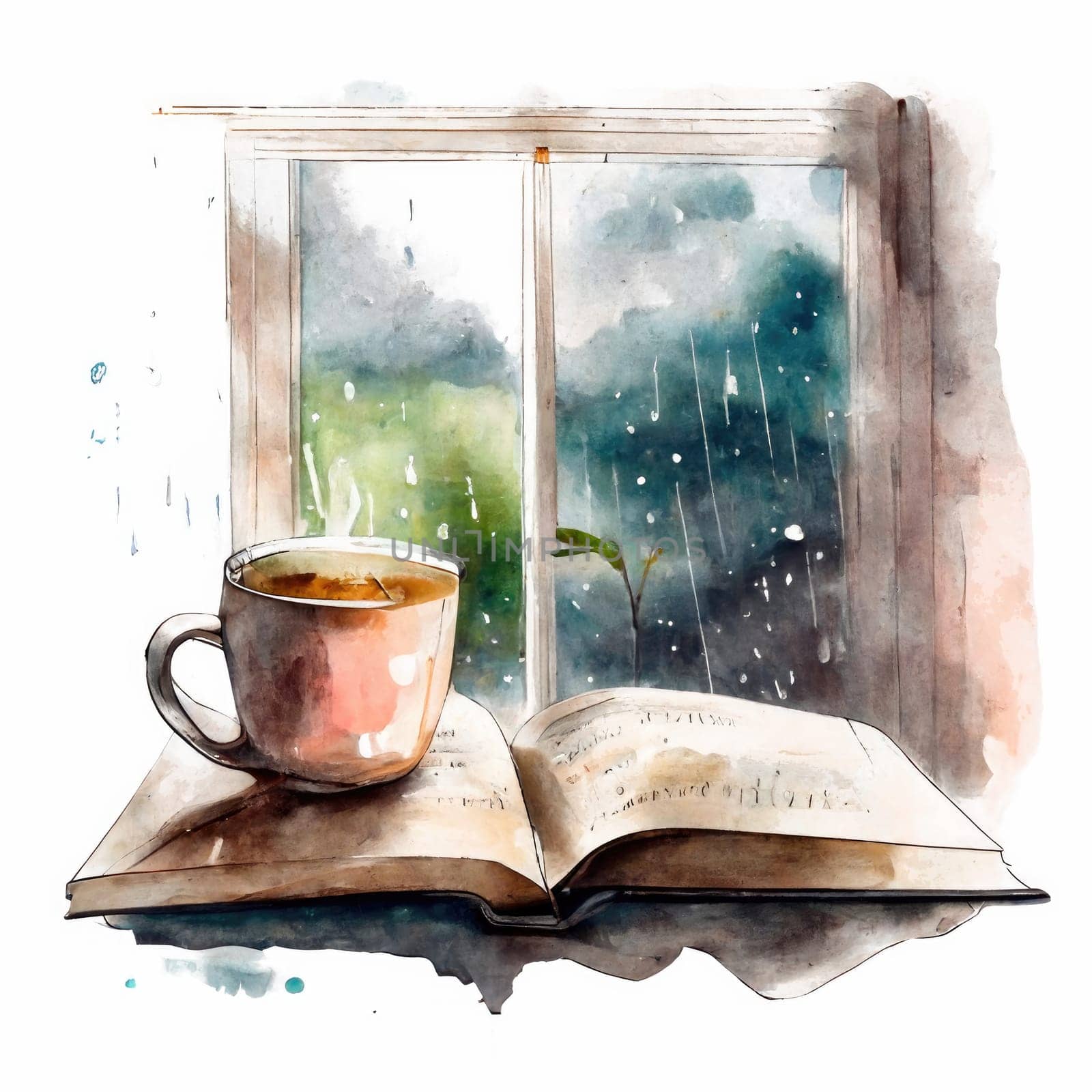 watercolor painting cup of coffee and book at the window, open book next to a cup of tea in front of a rainy window. download photo