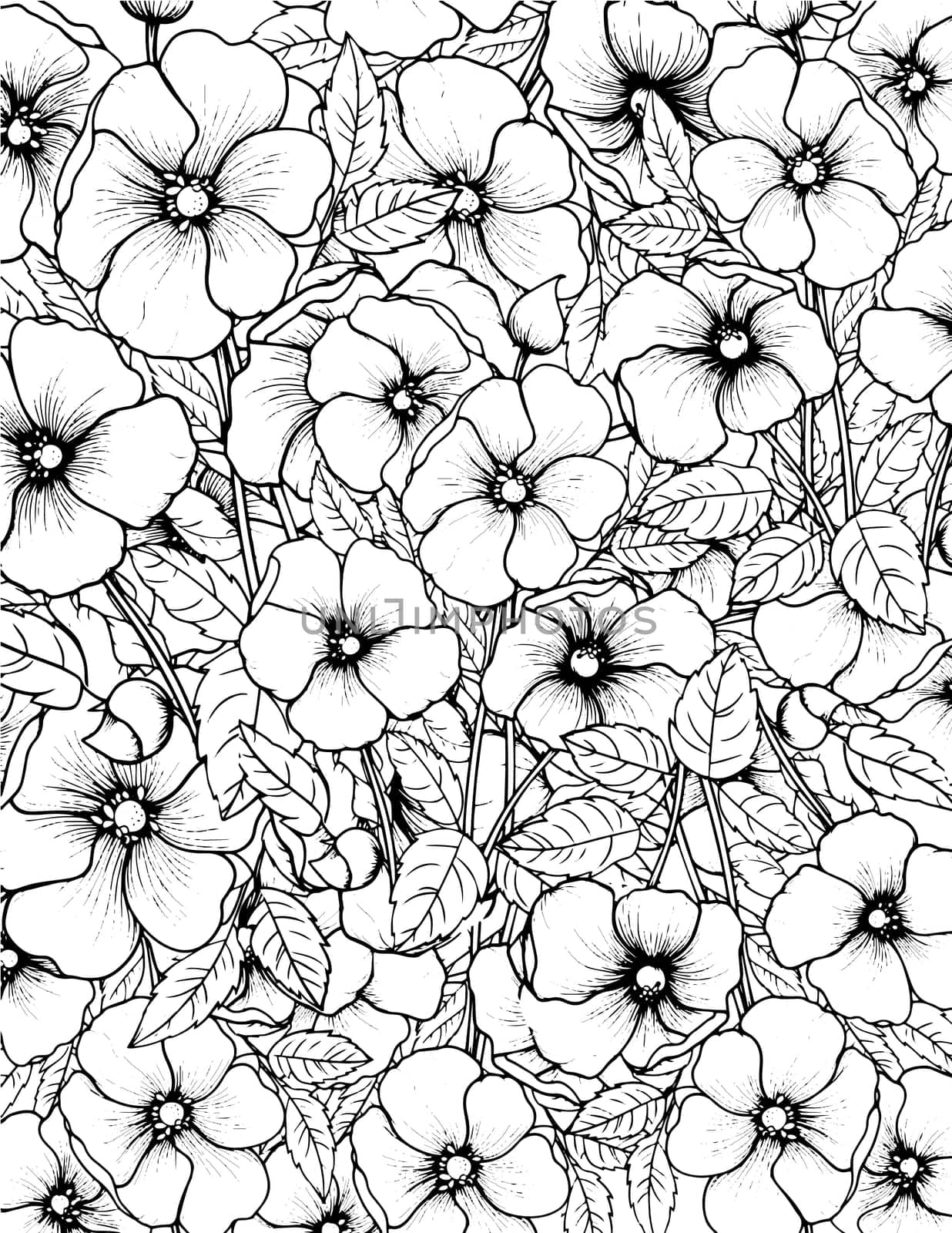 Flowers coloring spring and summer doodle ornament. Doodle coloring art with flowers and leaves black and white outline. Zentangle pattern for coloring book pages for adults and kids.