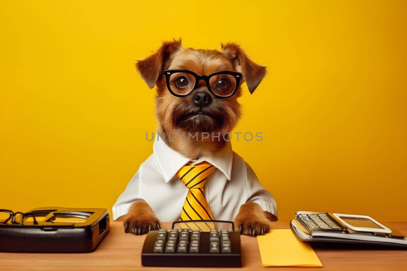 dog animal business background glasses computer worker humor financial pet calculating concept success money funny machine white mathematic finance yellow manager fun. Generative AI.