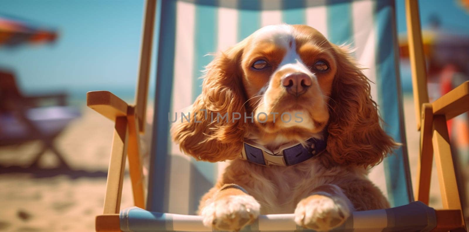 dog beach sunglasses tropical summer funny happy travel chair pet vacation beach goggles chair sunny ocean sun lazy relax deckchair terrier. Generative AI.