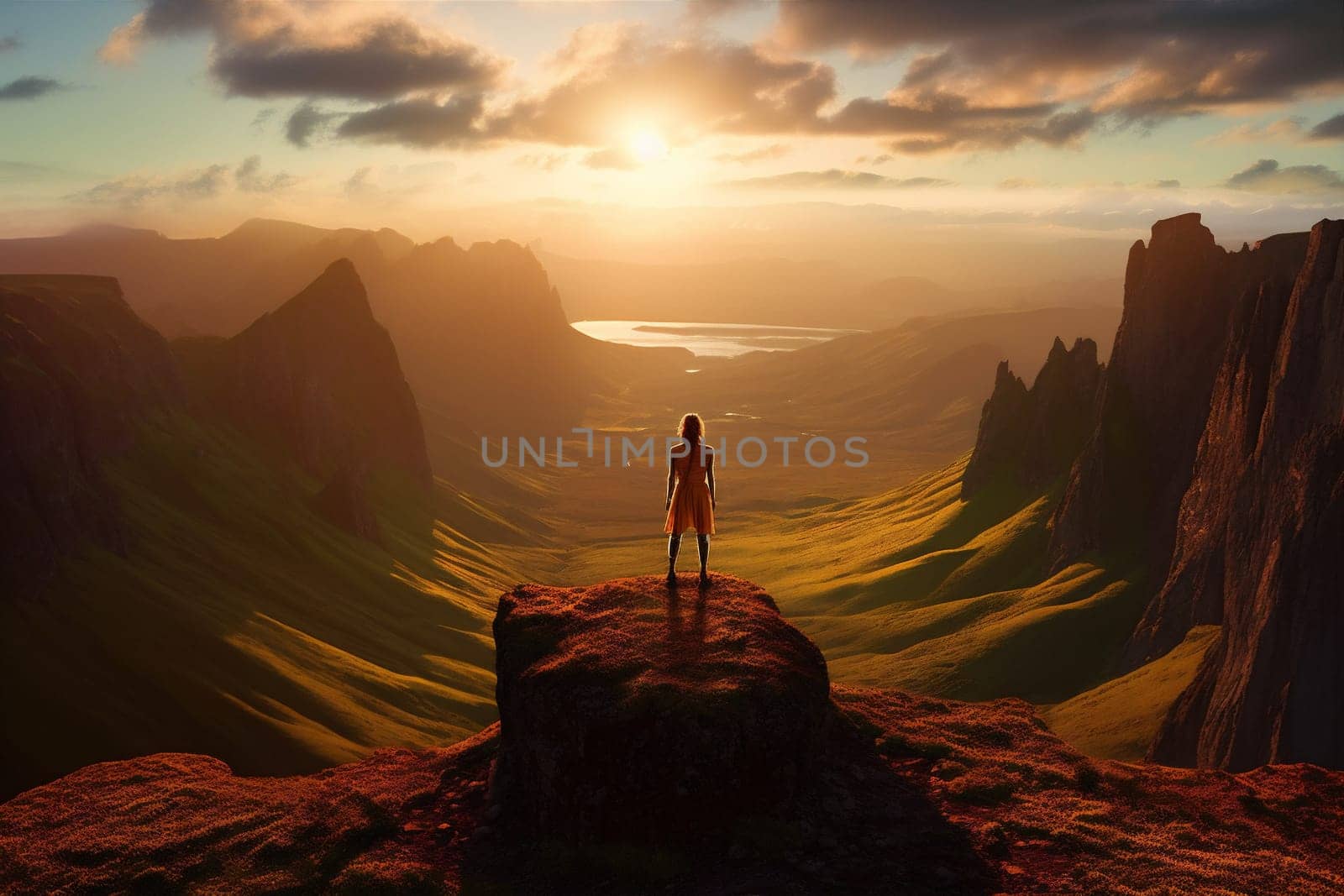 woman standing man landscape back mountain view backpack walk hiker nature blue adventure rock sunset vacation lifestyle top trip peak holiday travel. Generative AI.