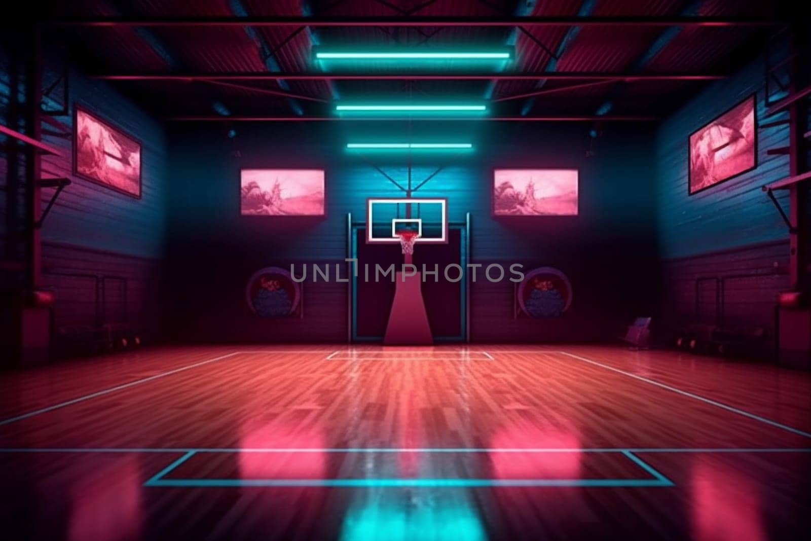basketball game background arena modern indoor neon empty hall corridor interior hallway. Generative AI. by SHOTPRIME