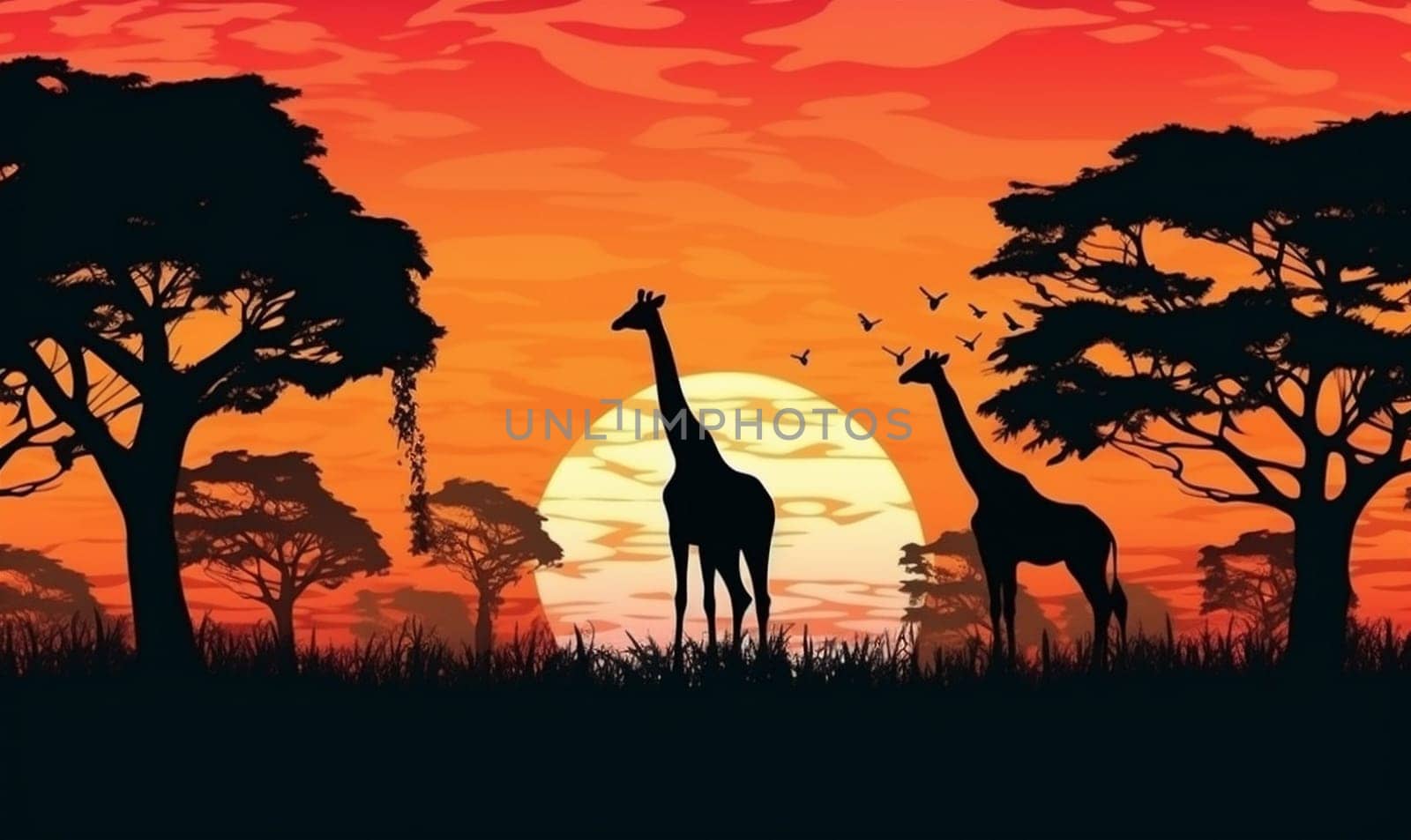 horizon silhouette sunset black background elephant tree mammal kenya dawn giraffe wild wildlife south africa safari savannah nature sky animal. Generative AI.