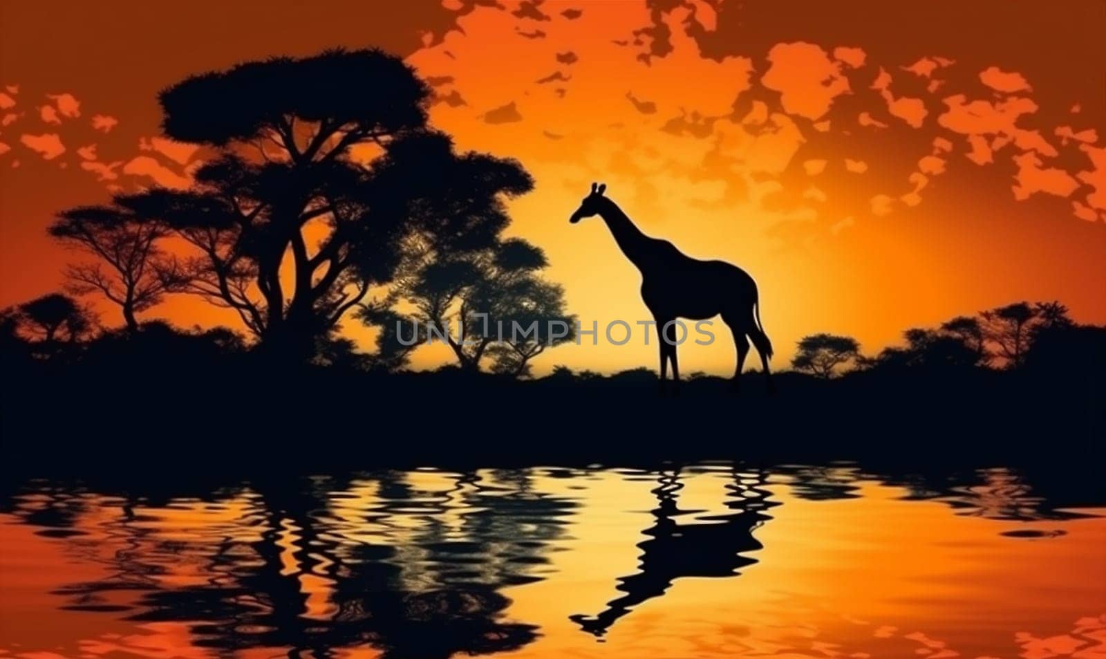 beautiful africa outdoor sunset safari horizon savannah wildlife elephant animal wild tourism nature silhouette tree dawn sunlight giraffe landscape. Generative AI.