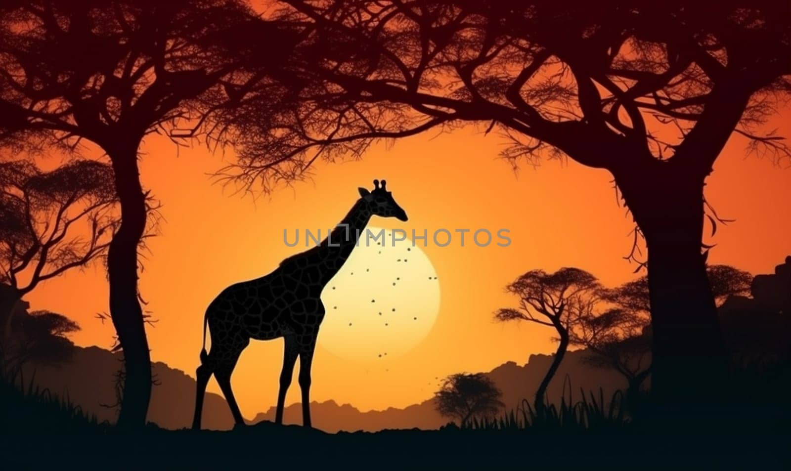 black nature sunset safari tourism background elephant kenya giraffe mammal orange savannah beautiful animal sky silhouette wild wildlife acacia africa. Generative AI.