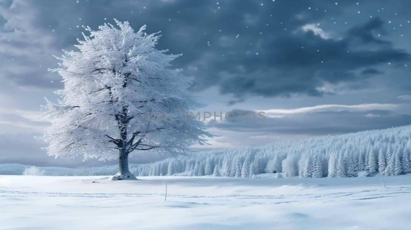 white christmas background winter tree snowfall year fir new snow sky holiday. Generative AI. by SHOTPRIME