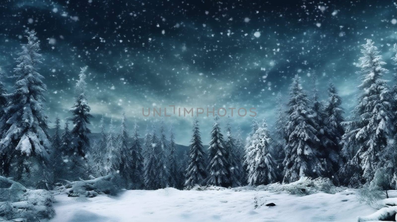 forest design beautiful new tree flake background christmas night winter snow white sky tale card pine holiday fir weather seasonal fairy celebrate year. Generative AI.
