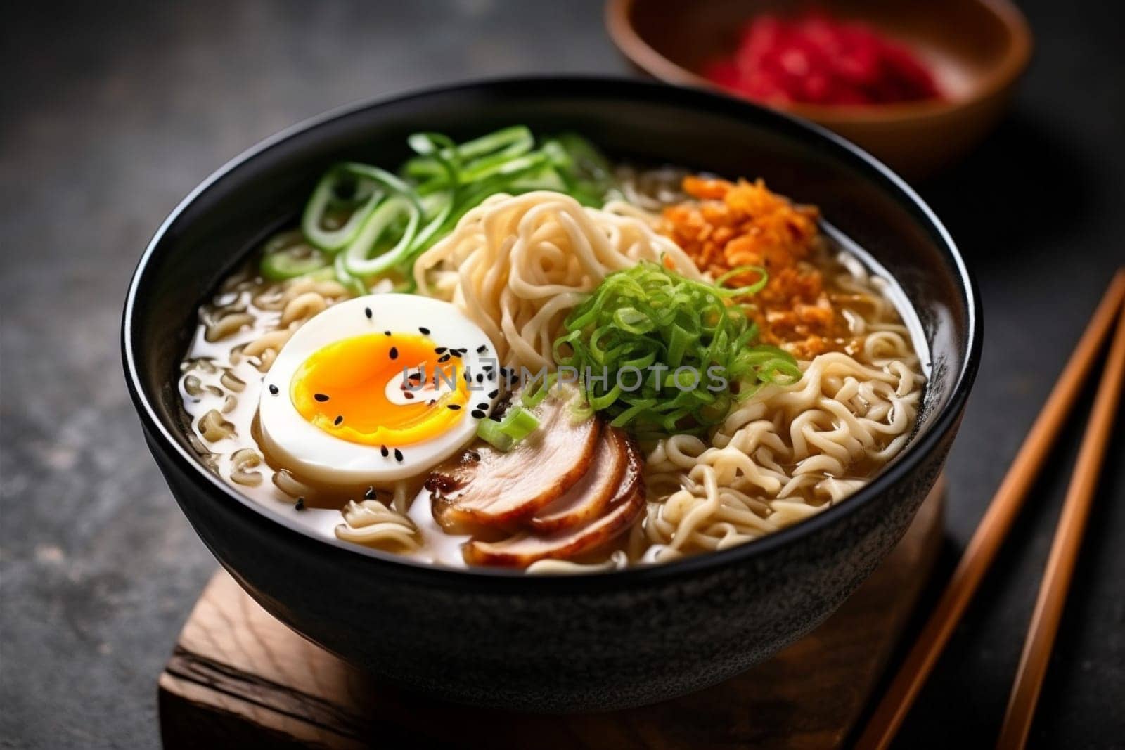soup noodle japanese ramen bowl meal food chopstick vegetable asian. Generative AI. by SHOTPRIME