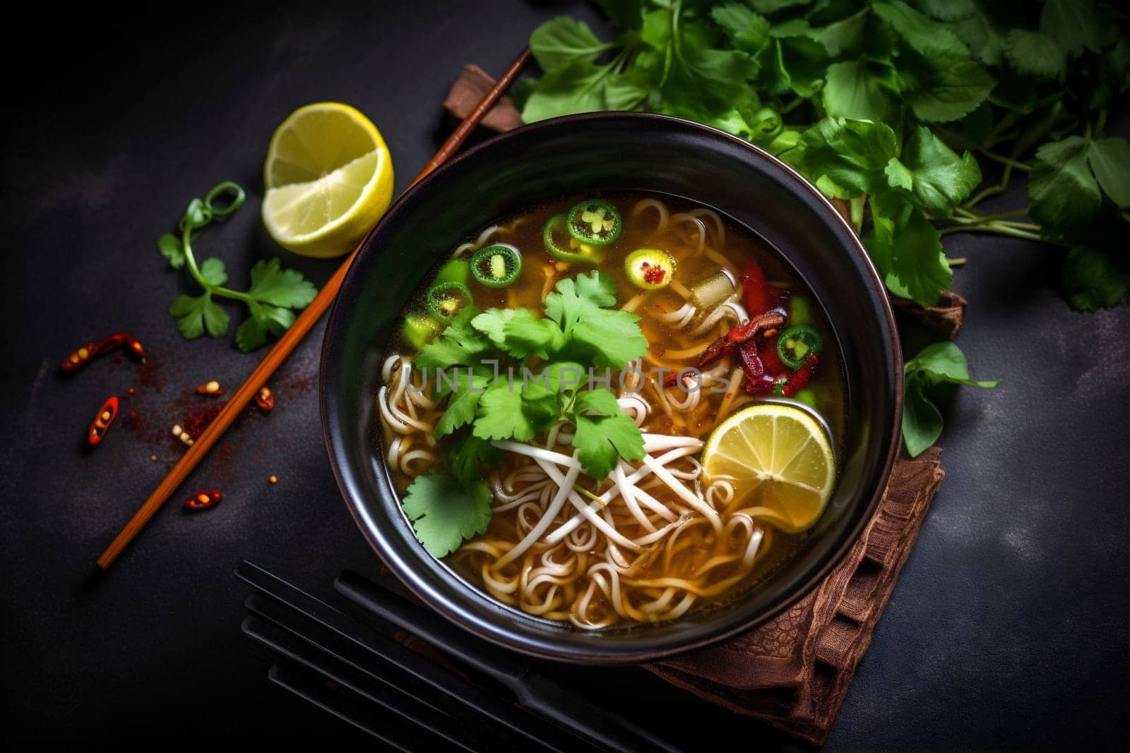 meal eat cuisine pho broth soup ga asian hot bowl chili egg space noodle meat food vegetable japanese background thai chicken chopstick. Generative AI.