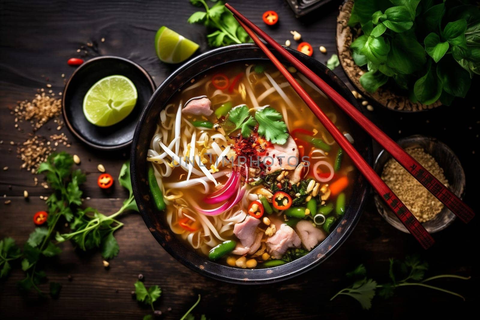 hot soup ramen food japanese vegetable meal bowl background noodle asian. Generative AI. by SHOTPRIME