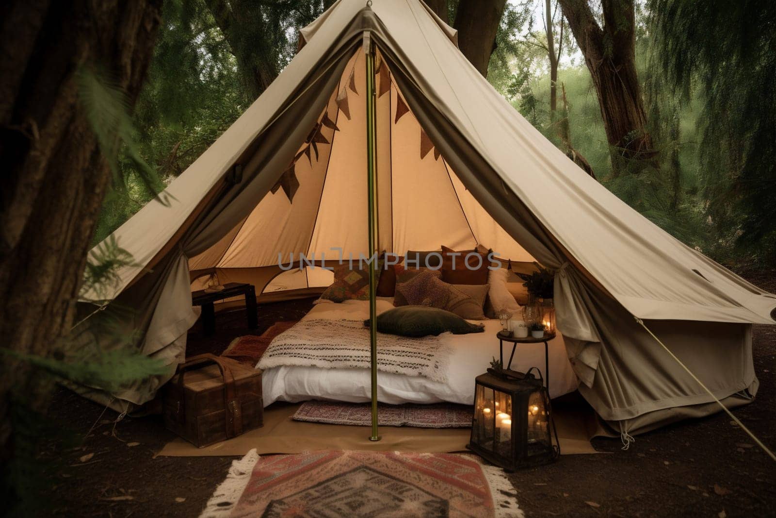 travel tent light canvas luxury nature camping forest glamping vacation. Generative AI. by SHOTPRIME