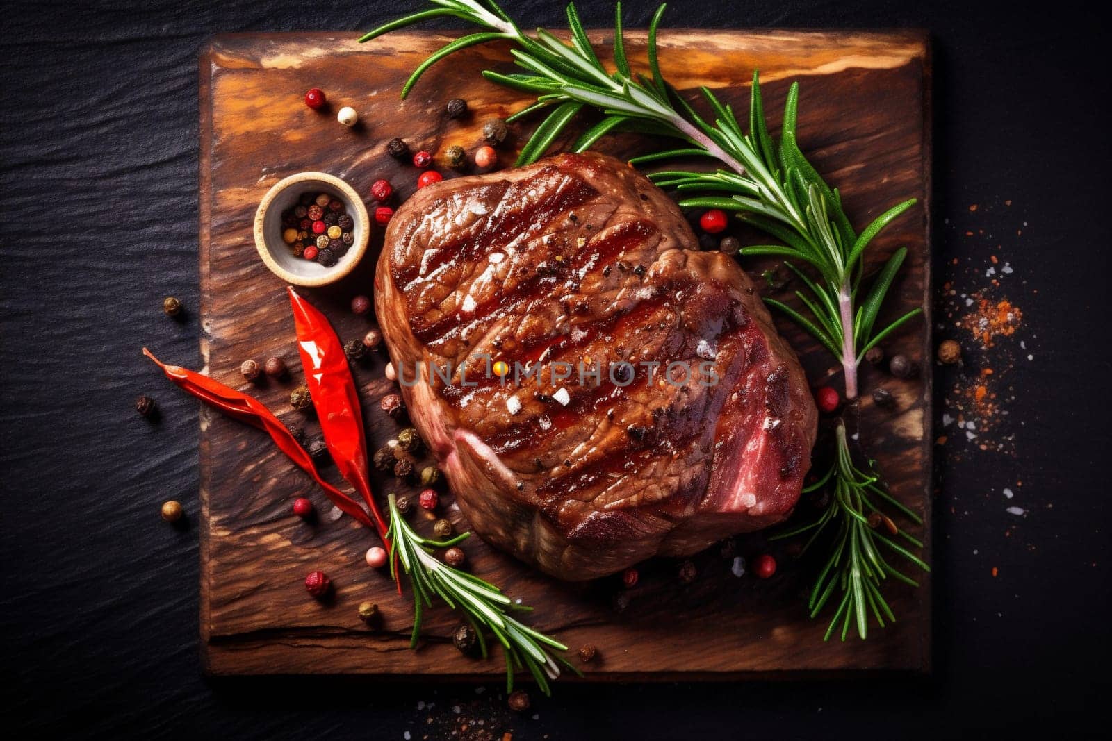 fried meat beef food raw red grill dark fillet background steak. Generative AI. by SHOTPRIME