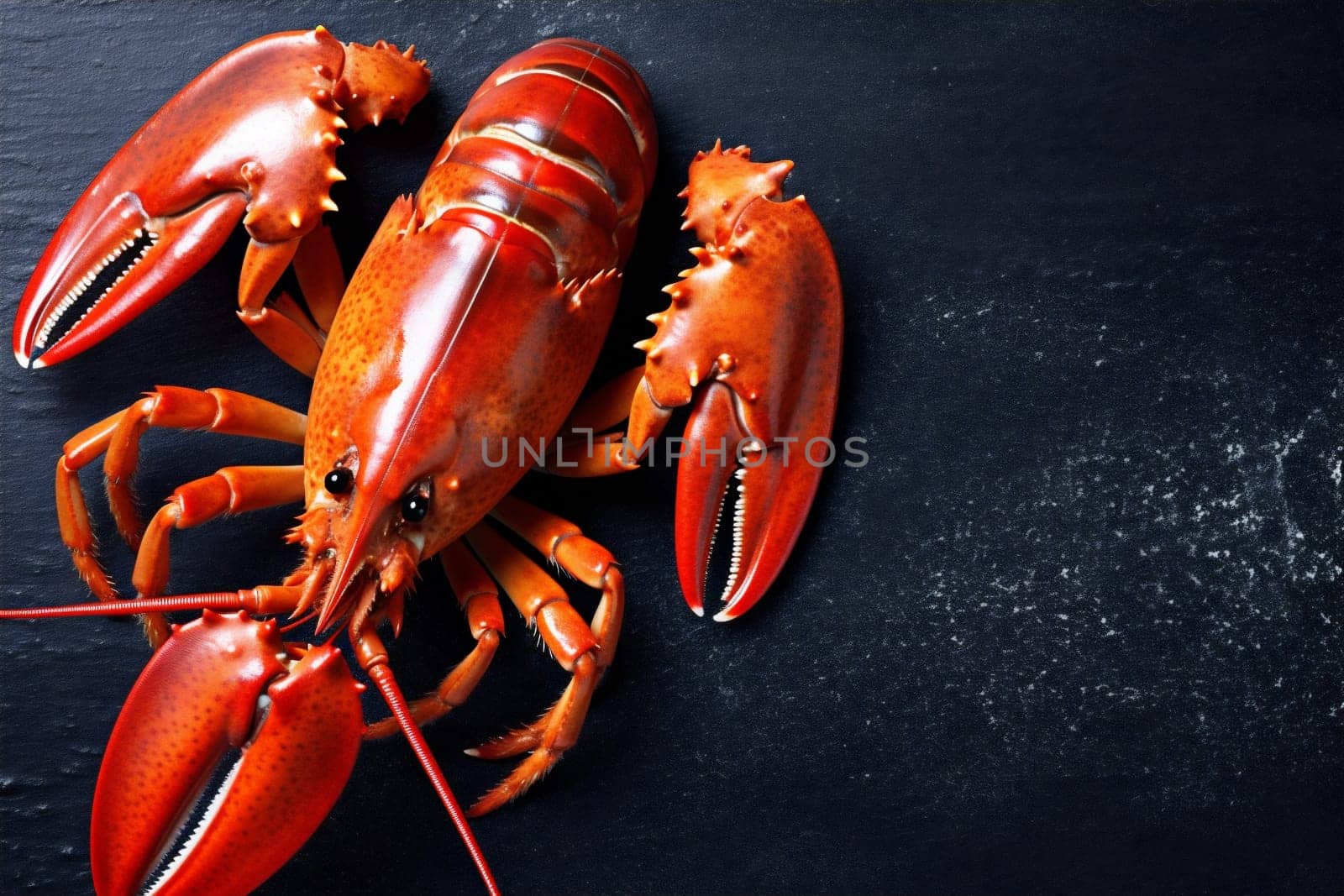 seafood snack lobster crawfish close-up cooked boiled crab claw text background food dark eat table freshness red crayfish fresh nutrition healthy. Generative AI.