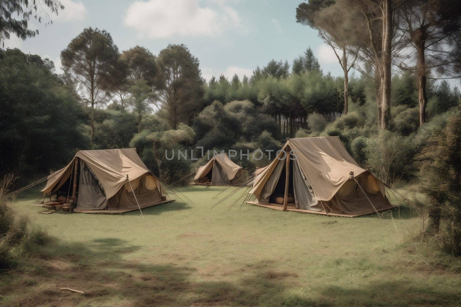 luxury travel camping light vacation canvas tent glamping nature forest. Generative AI. by SHOTPRIME