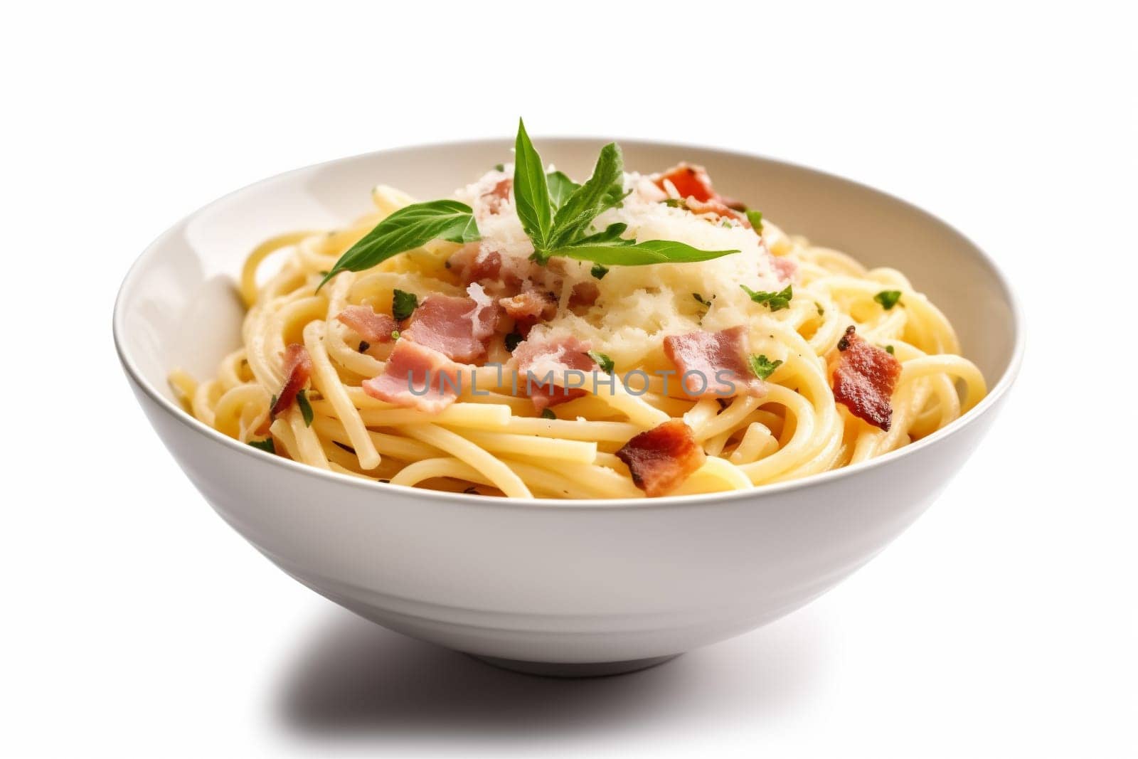 isolated background lunch carbonara cheese italian plate spaghetti pasta food parsley. Generative AI. by SHOTPRIME
