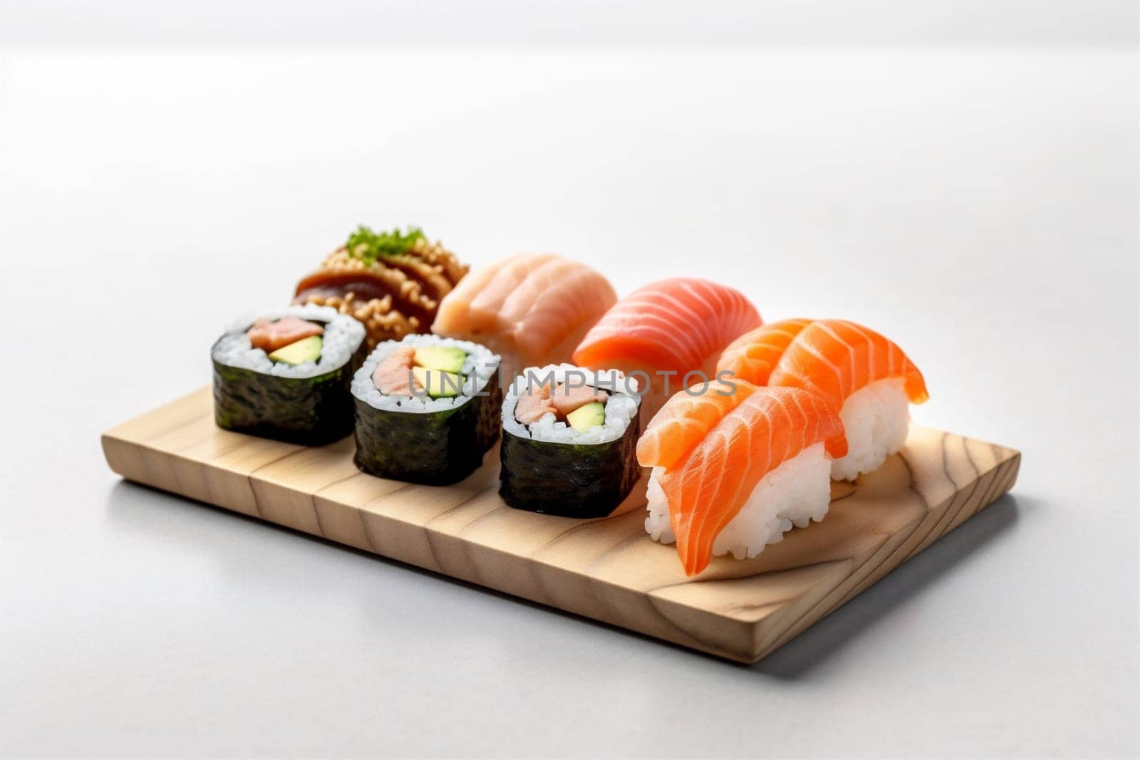 white raw healthy food set gourmet japanese rice roll dinner tuna california diet sashimi ginger wasabi fish sushi isolated background seafood. Generative AI.