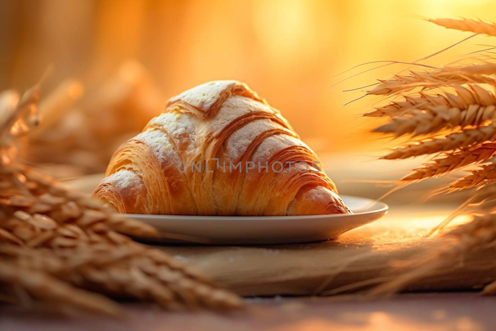 cup table bakery morning food wood bokeh drink background breakfast croissant background. Generative AI. by SHOTPRIME