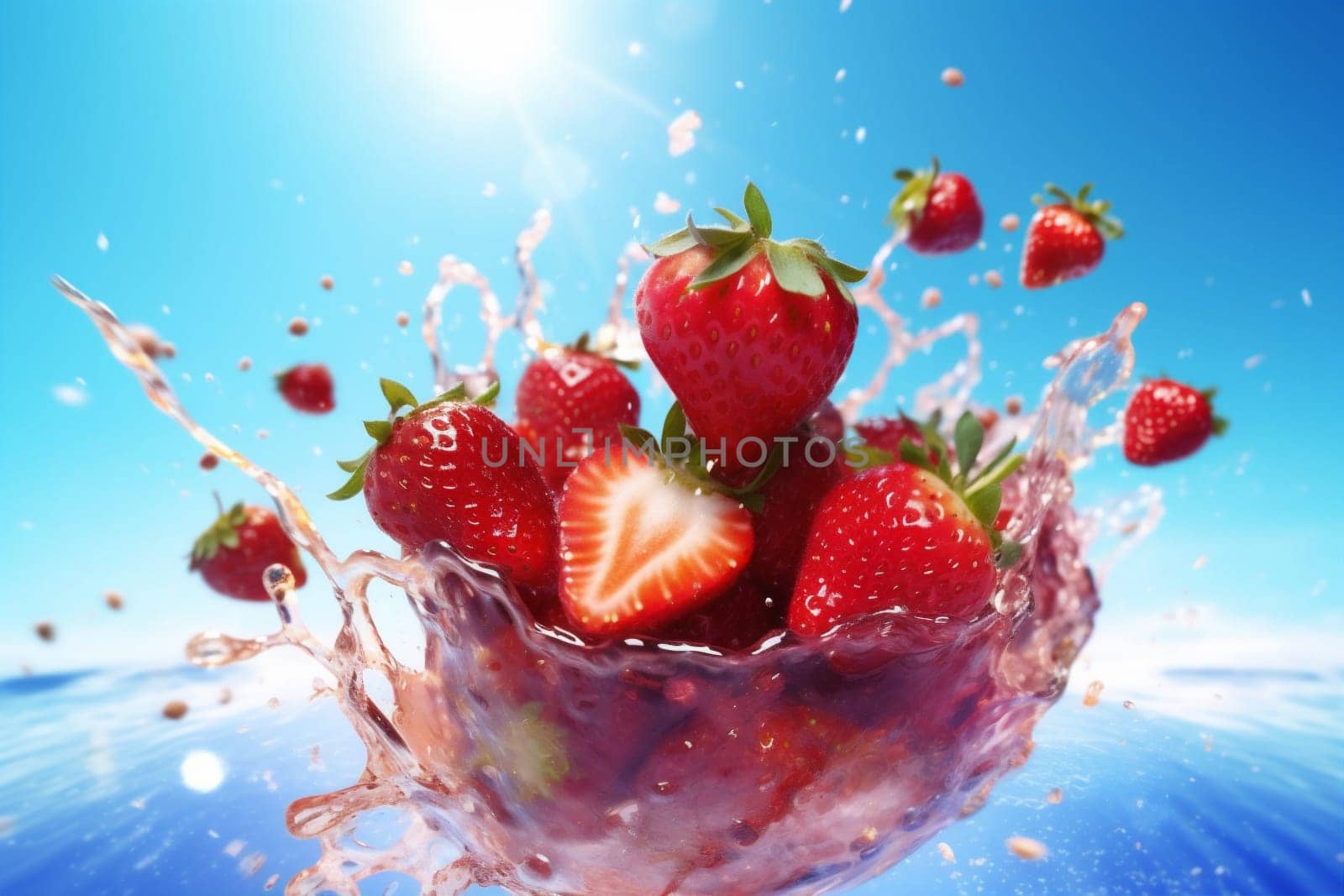 healthy splash background food water red fresh freshness blue strawberry fruit. Generative AI. by SHOTPRIME