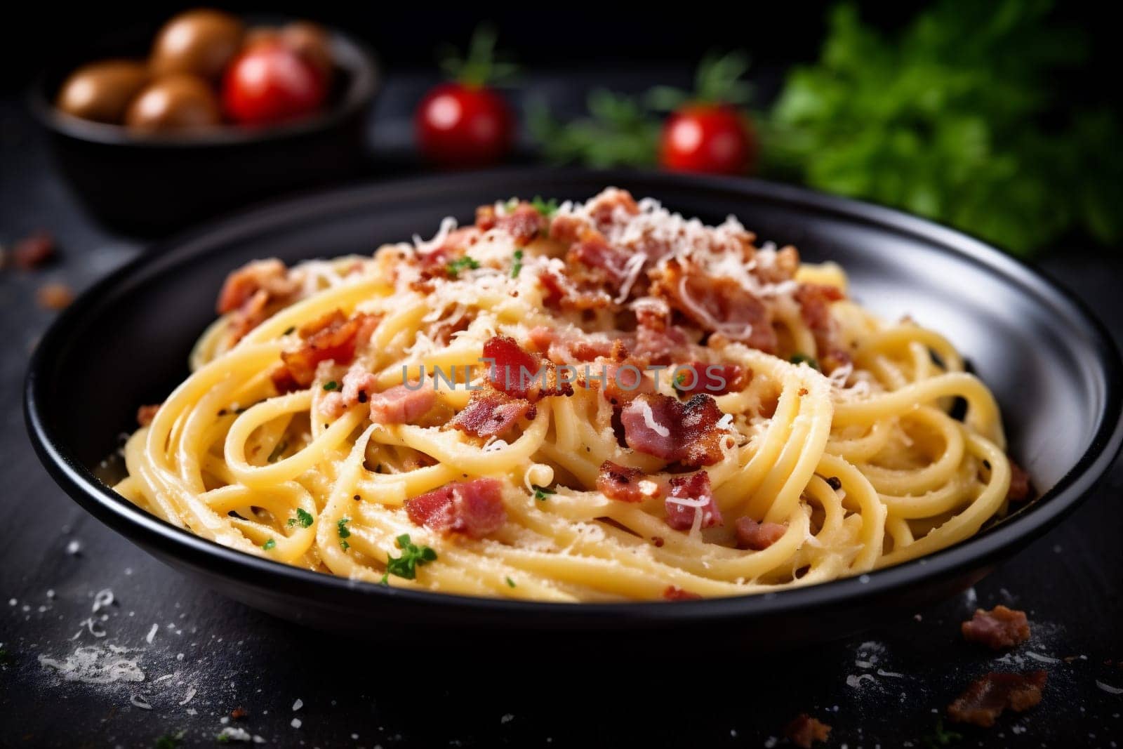 italian food sauce spaghetti carbonara meat pasta bacon cheese meal. Generative AI. by SHOTPRIME
