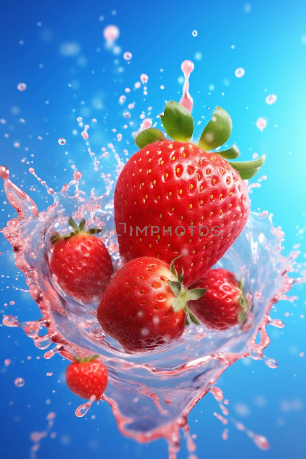 air bubble background fresh closeup food freshness organic blue red vitamin strawberry splash blue tasty healthy water isolated azure raw fruit. Generative AI.