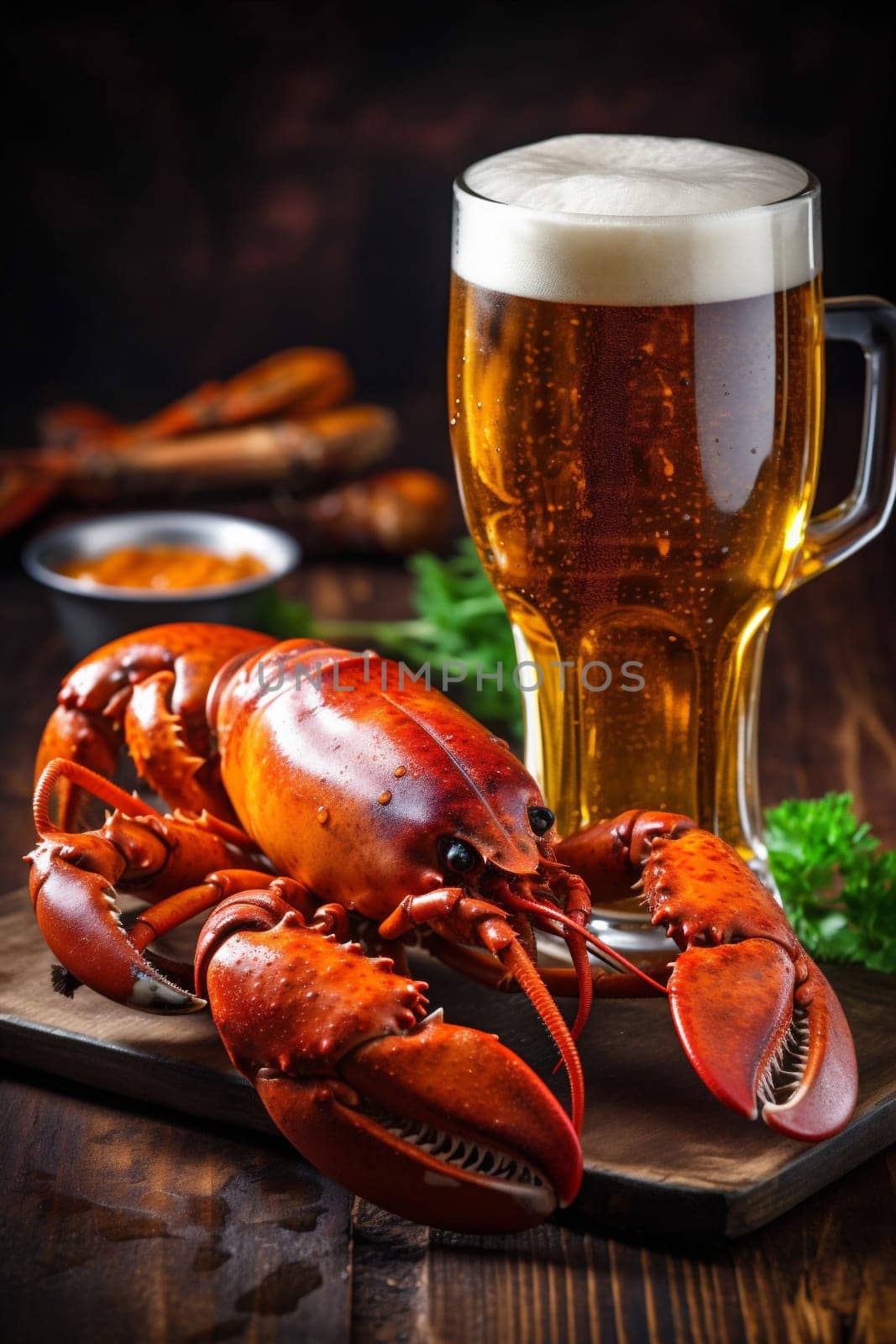 glass snack crayfish crab beer crawfish glass beer seafood food red background. Generative AI. by SHOTPRIME