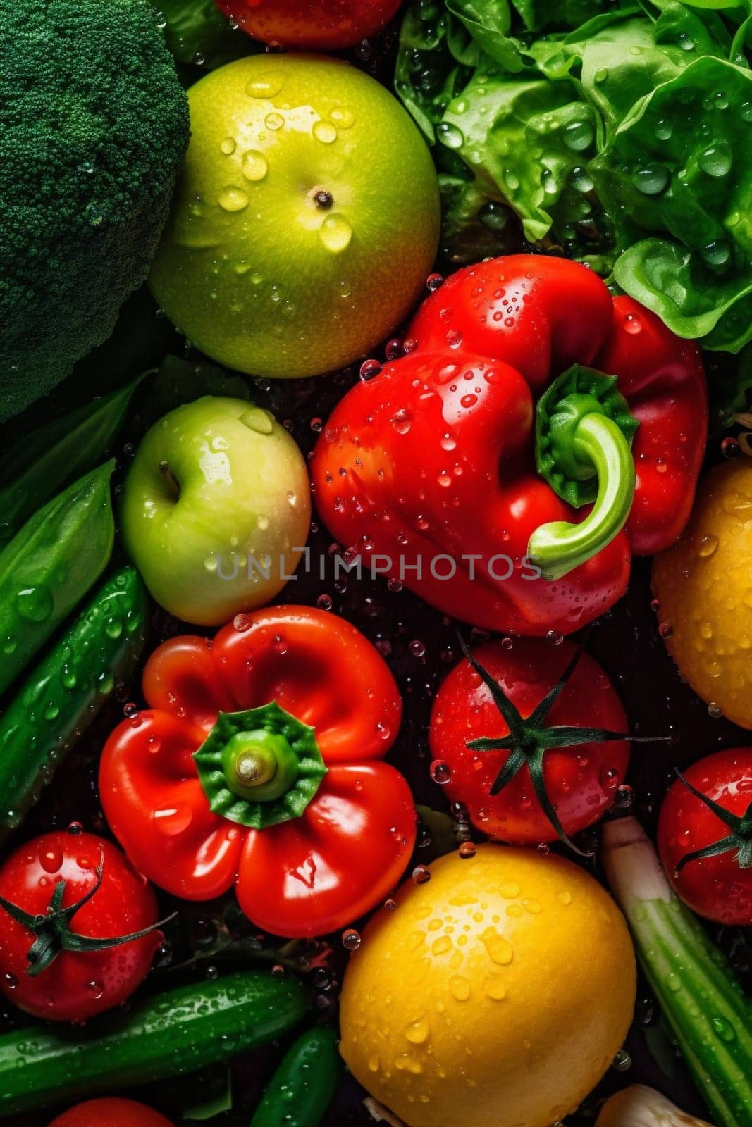 eat vegetable water raw ingredient healthy green tomato organic drop close-up food health background drop fresh carrot vegetarian isolated broccoli splash diet. Generative AI.