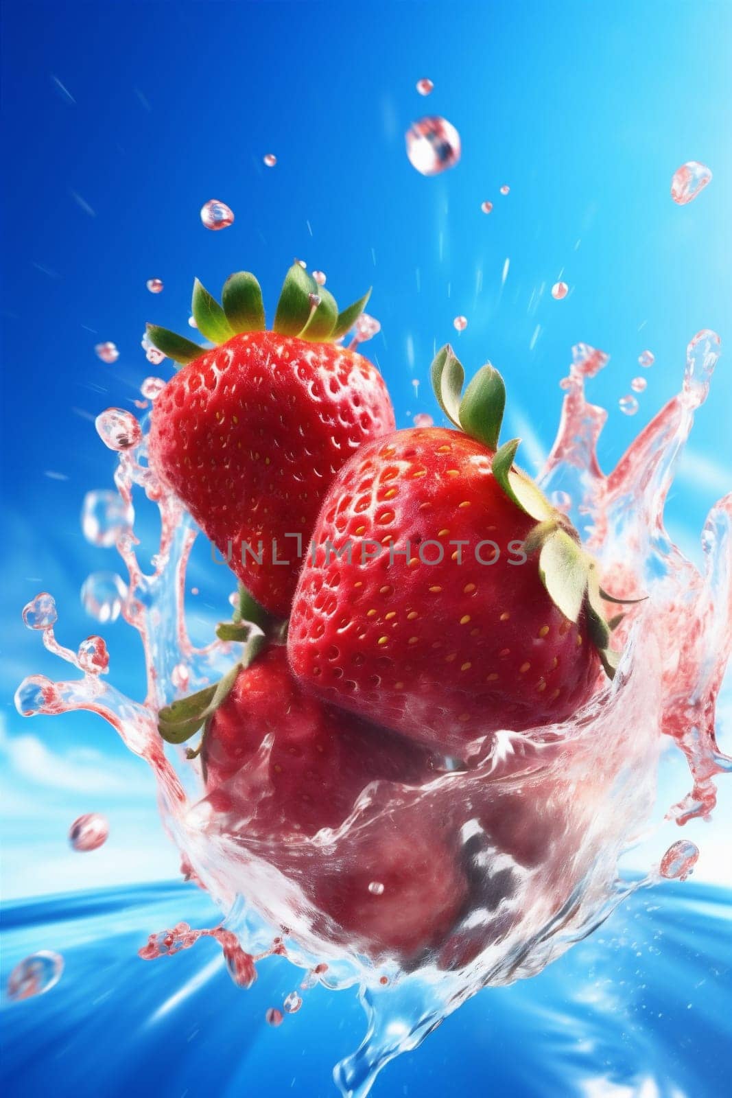 fresh strawberry food fruit red water healthy background blue splash freshness. Generative AI. by SHOTPRIME