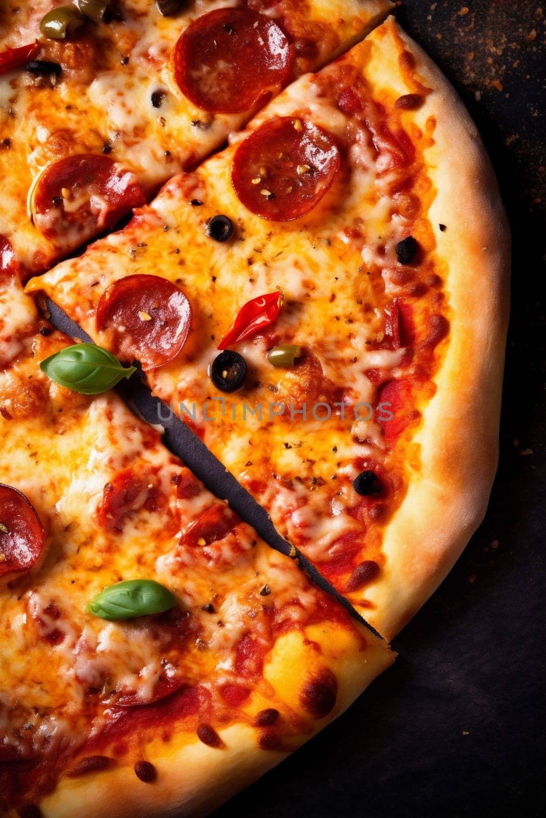 tomato space pizza dark copy salami background cooked black pepper fast italian restaurant food dough margarita cheese homemade table basil italy food meal. Generative AI.
