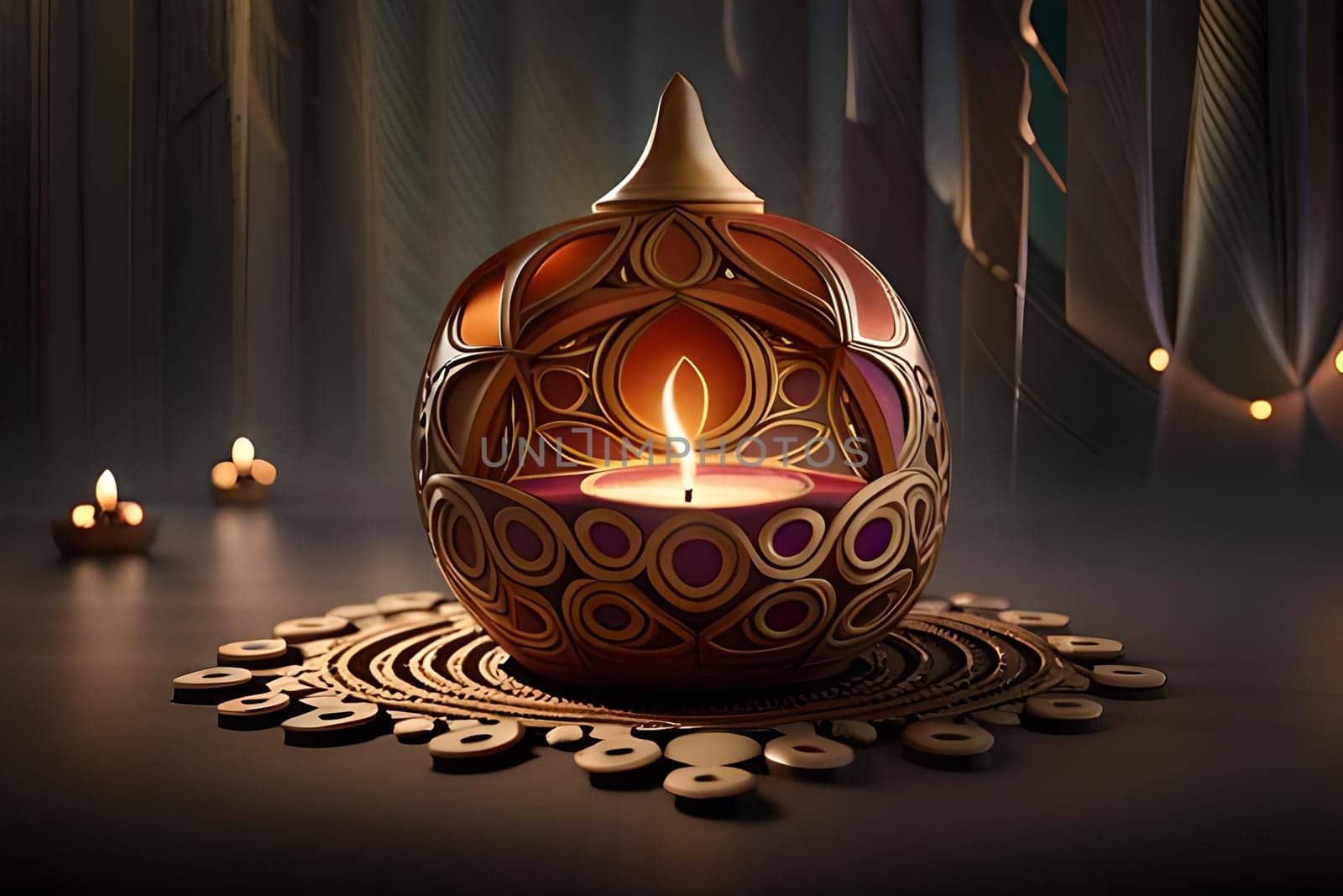 3D rendering indian lamp for diwali celebration on soft background ethereal. Colorful particle effects in the background. Gold filigree on a indian lamp. AI-generated Digital Art