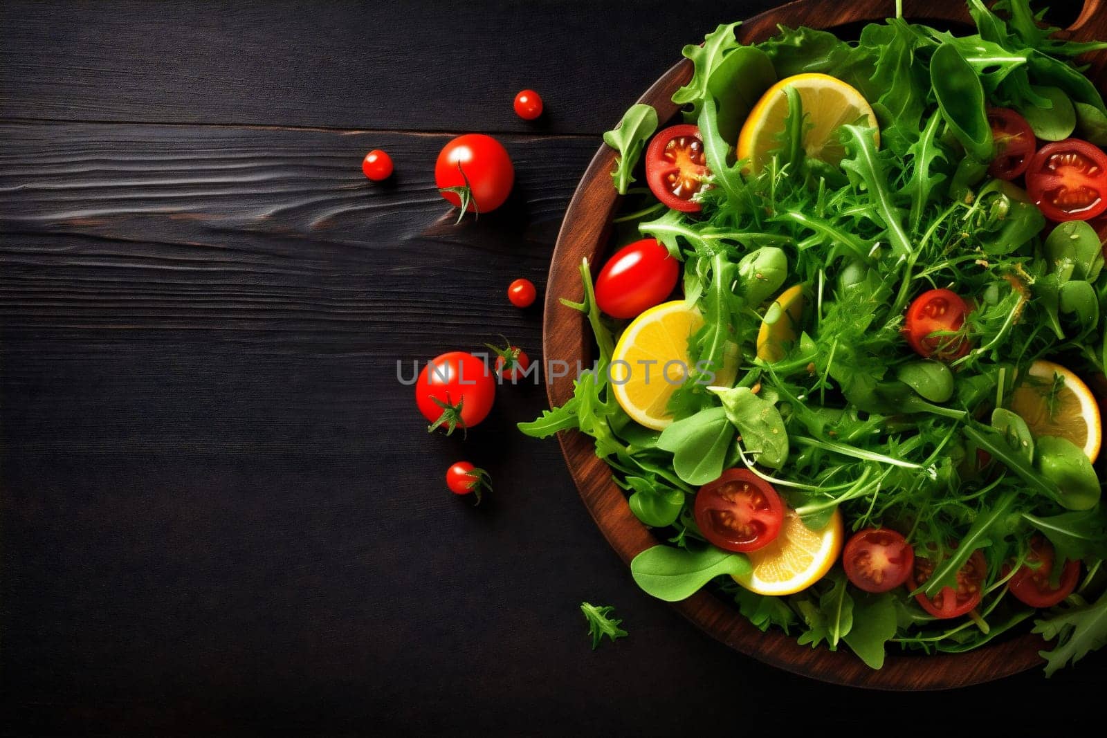 salad vegetable dish dark mockup tomato lay flat green background cooking raw healthy vegetarian ingredient natural dieting food diet fresh lunch. Generative AI.