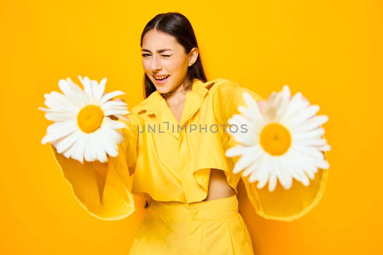 woman happiness smile model yellow flower trend pretty chamomile young portrait by SHOTPRIME