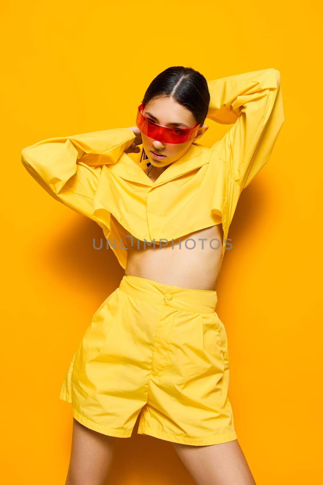woman fashion beautiful hairstyle girl lifestyle lady glasses happiness model style fun emotion creative sunglasses trendy stylish attractive young outfit yellow