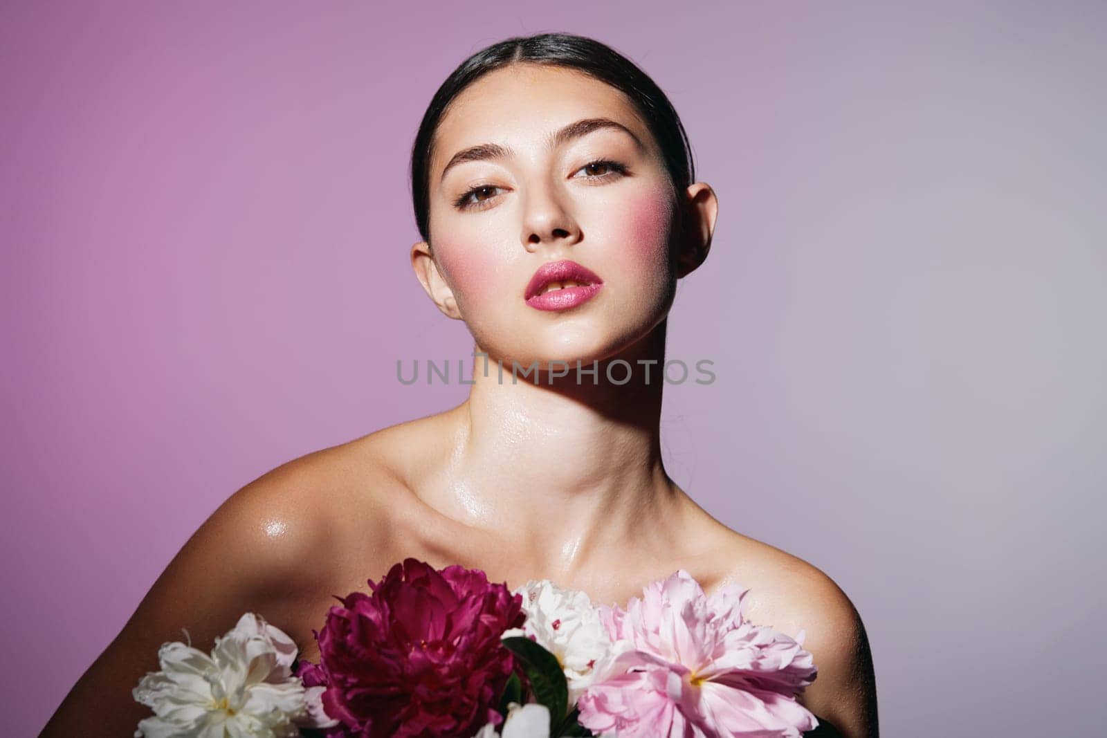 girl woman blush romantic style lip flower healthy lady attractive make-up fresh spa pink beauty cosmetic eye model brunette face portrait